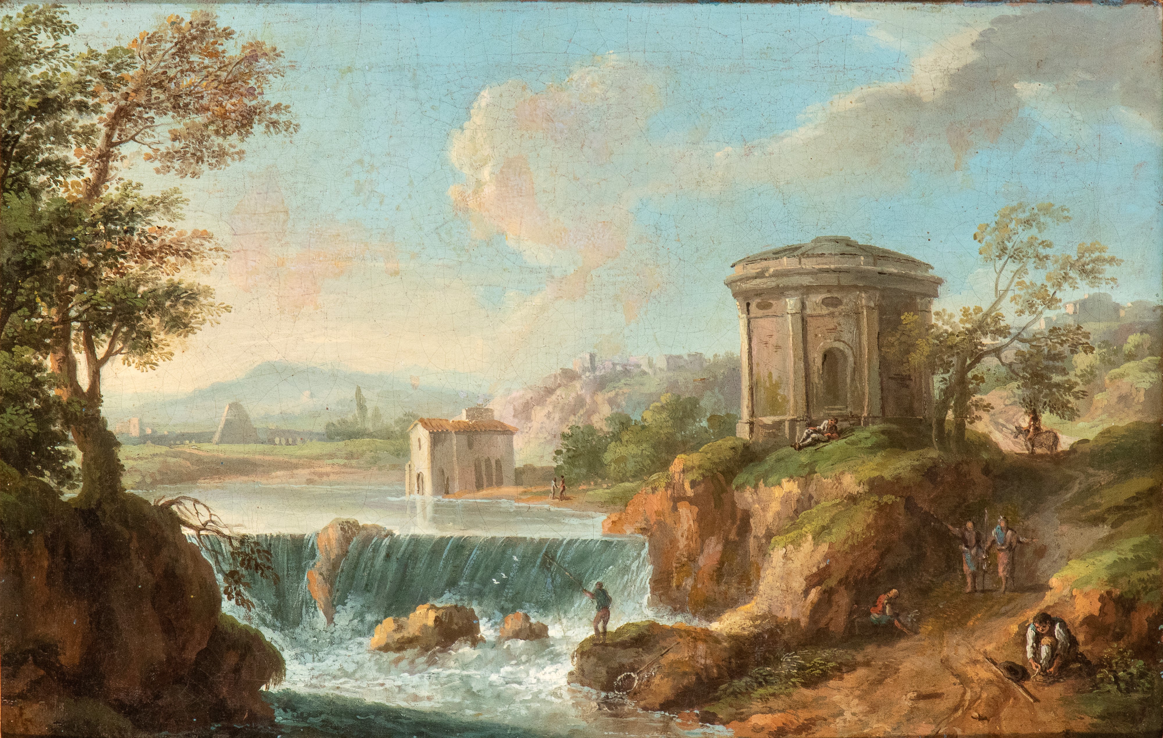 Paolo Anesi - Coppia di vedute di fantasia della campagna romana con pescatori e borgo abitato, o...