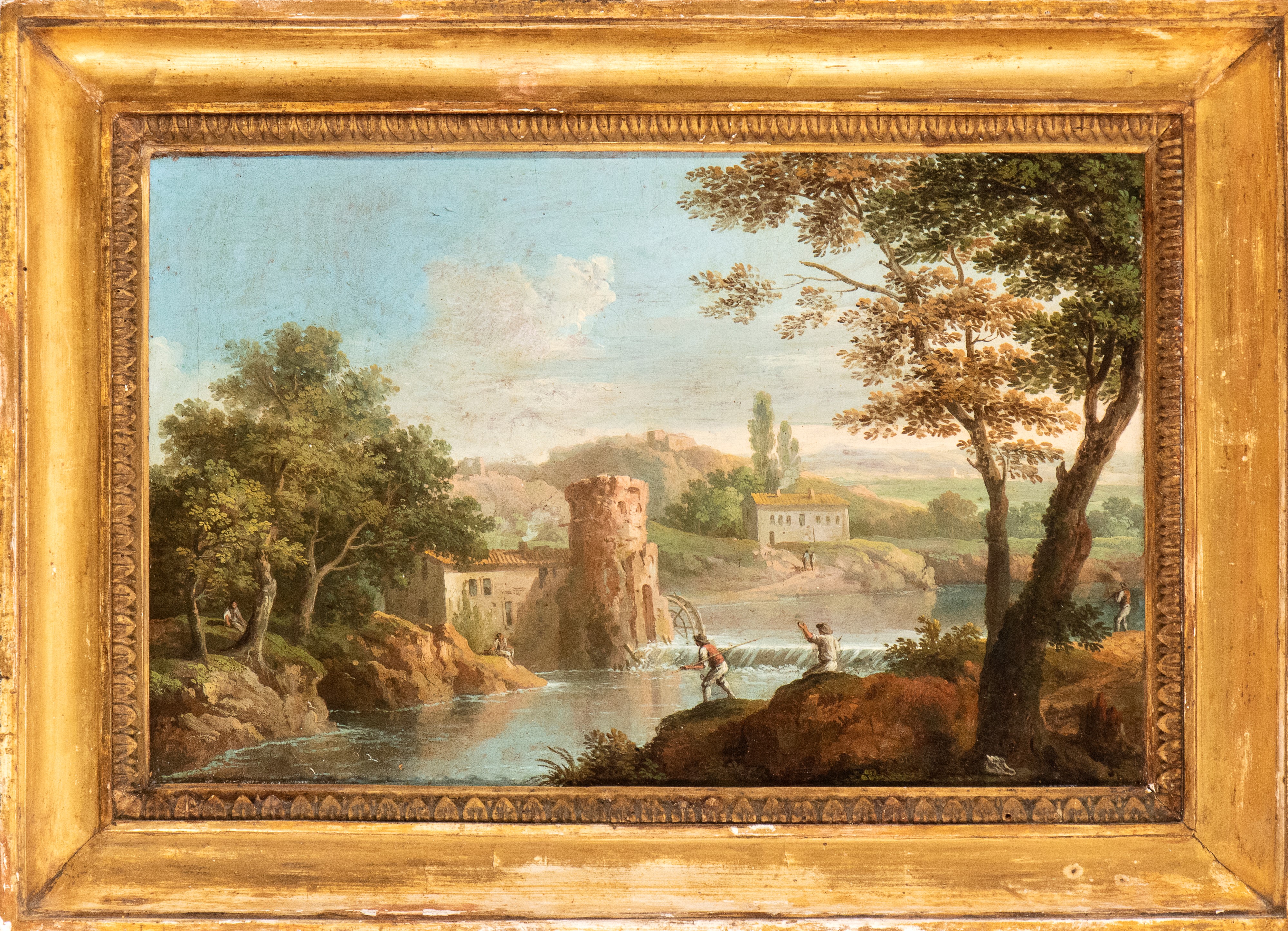 Paolo Anesi - Coppia di vedute di fantasia della campagna romana con pescatori e borgo abitato, o...