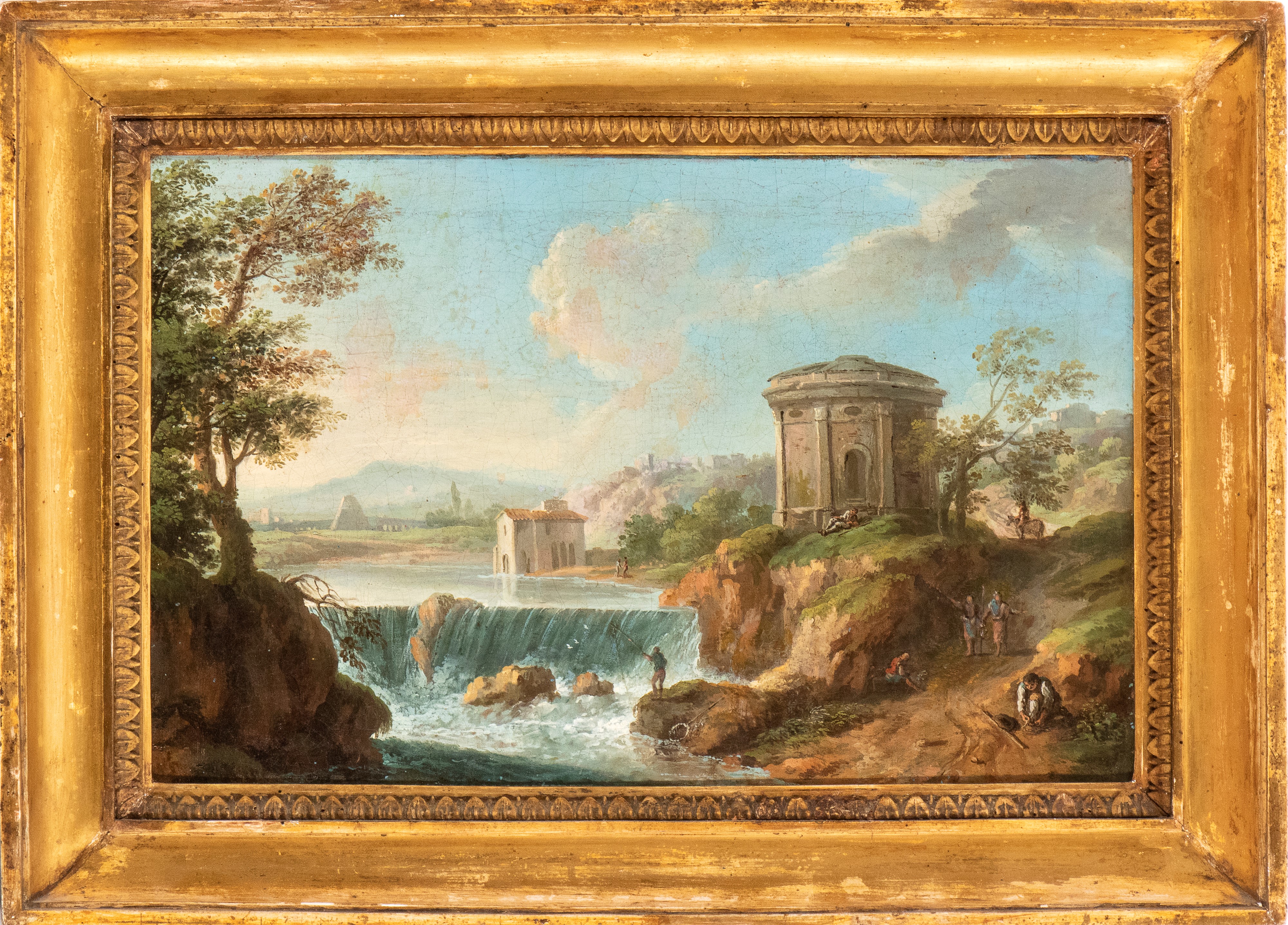 Paolo Anesi - Coppia di vedute di fantasia della campagna romana con pescatori e borgo abitato, o...