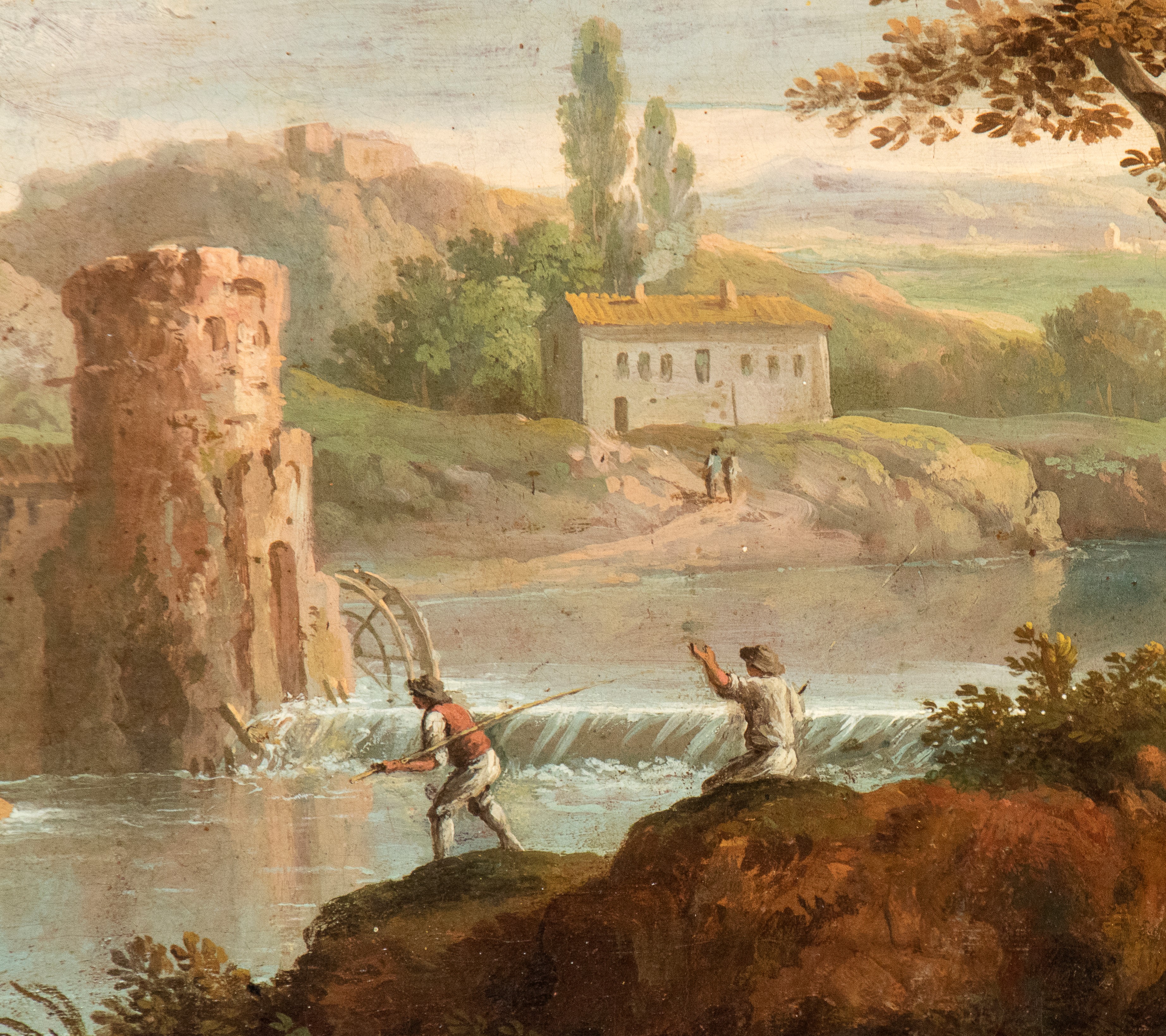 Paolo Anesi - Coppia di vedute di fantasia della campagna romana con pescatori e borgo abitato, o...