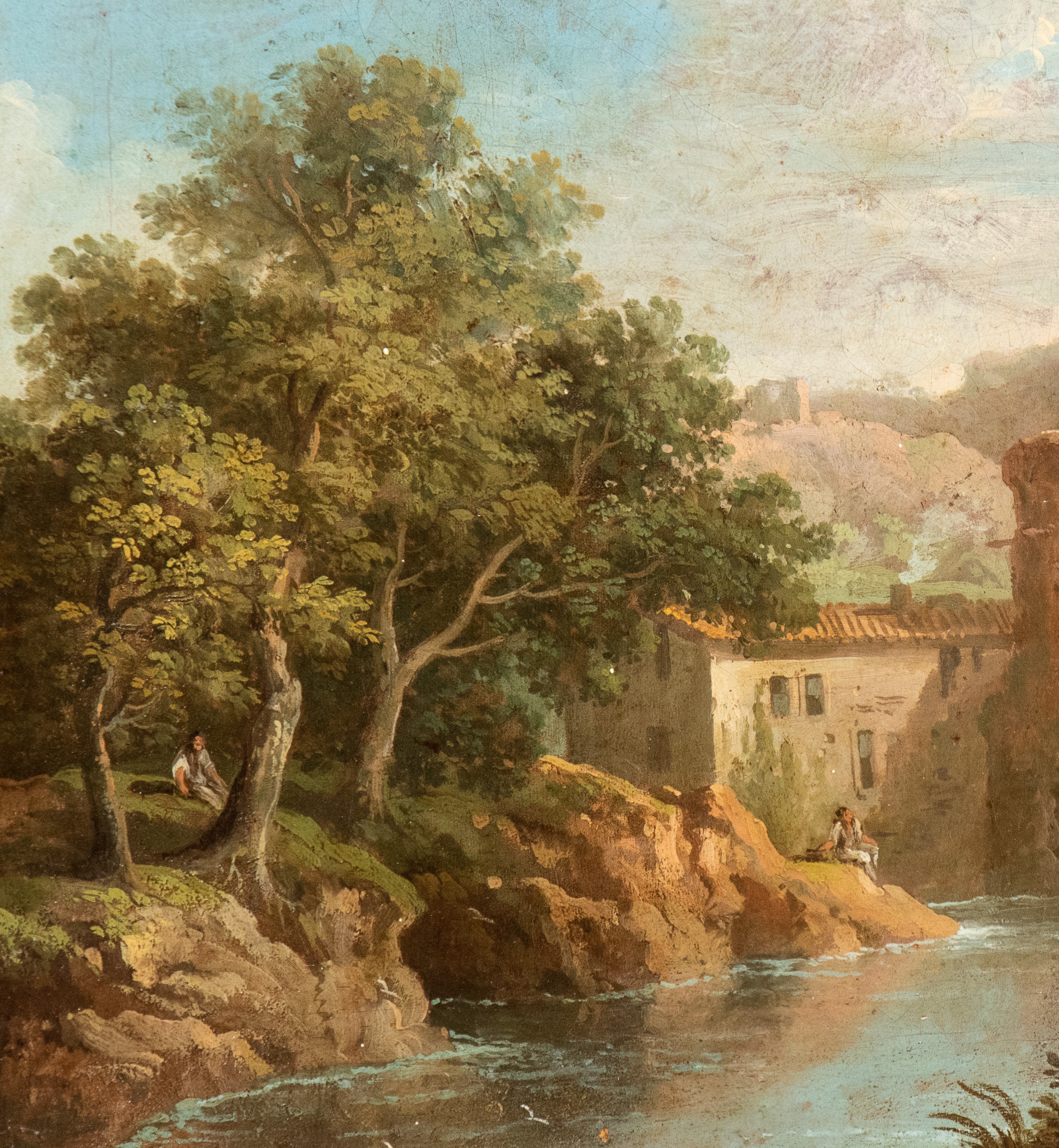 Paolo Anesi - Coppia di vedute di fantasia della campagna romana con pescatori e borgo abitato, o...
