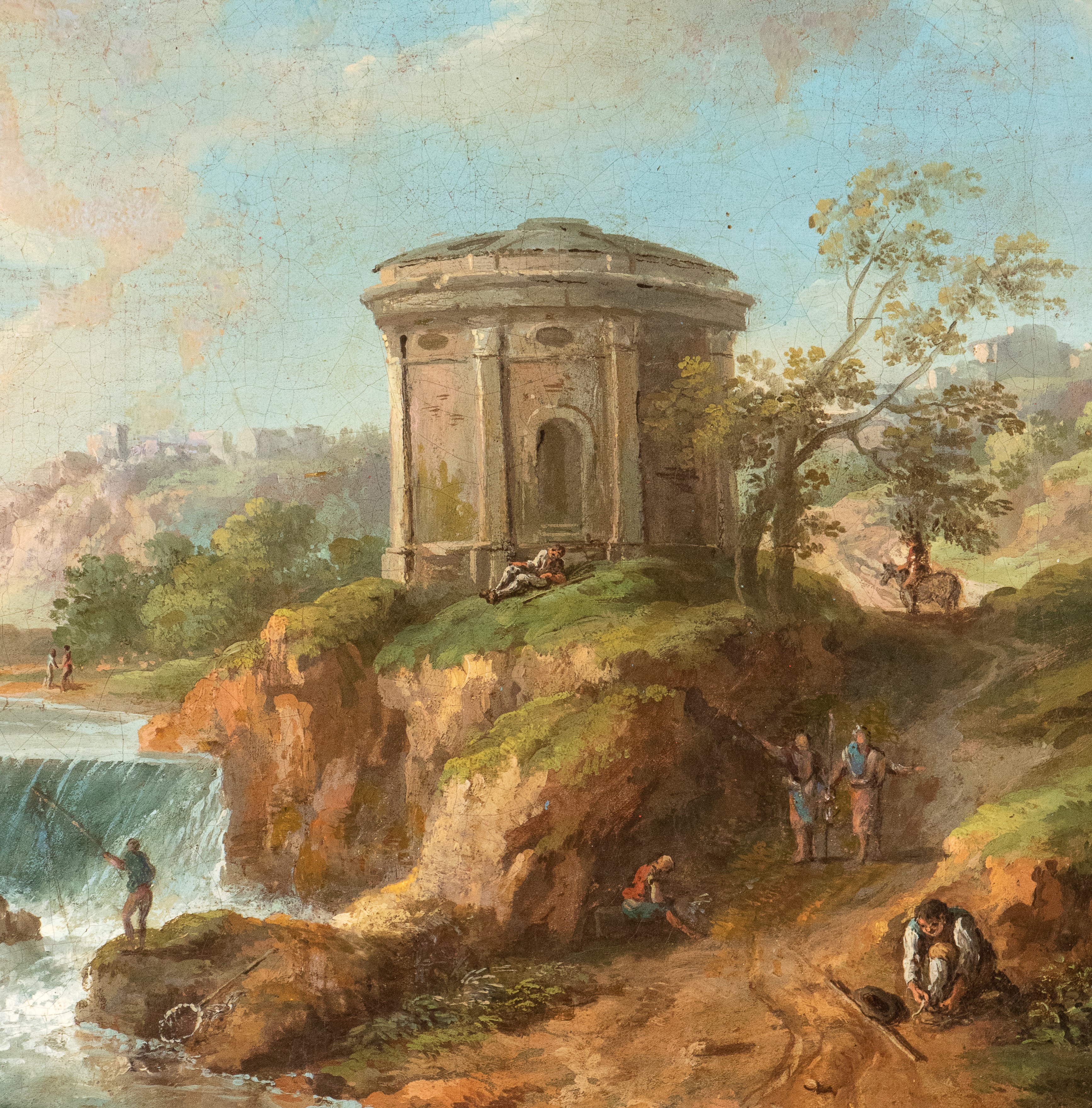 Paolo Anesi - Coppia di vedute di fantasia della campagna romana con pescatori e borgo abitato, o...