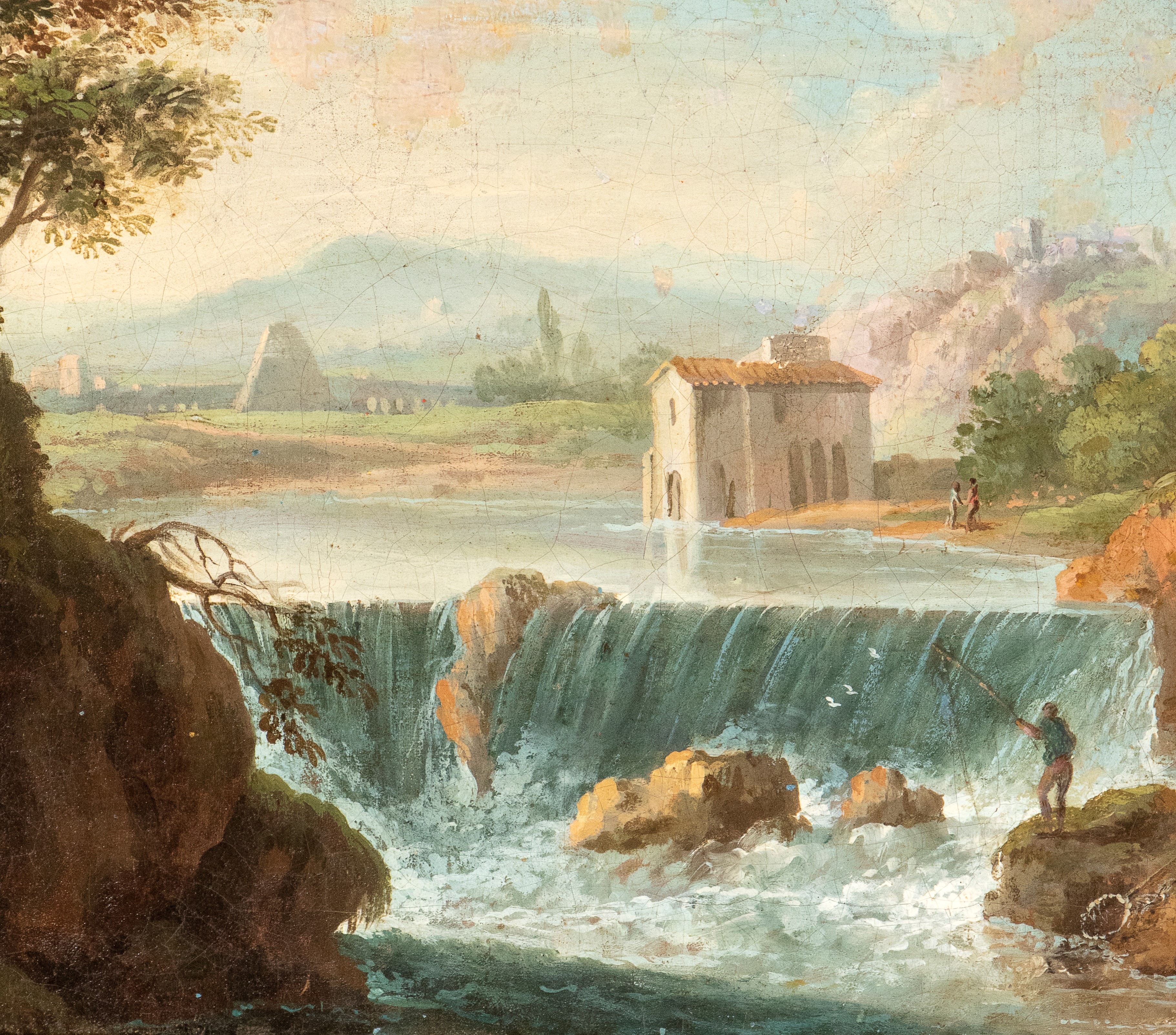 Paolo Anesi - Coppia di vedute di fantasia della campagna romana con pescatori e borgo abitato, o...