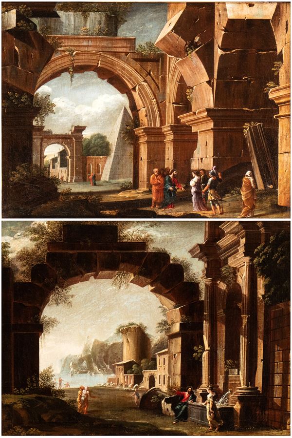 Niccol&#242; Codazzi - a) Capriccio with Christ and the Magdalene; b) Capriccio with Christ and the Samaritan Woman at the well. Pair of paintings
