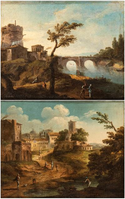 Paesaggio fluviale con borgo e ponte e Paesaggio fluviale con figure e borgo, olio su tela
