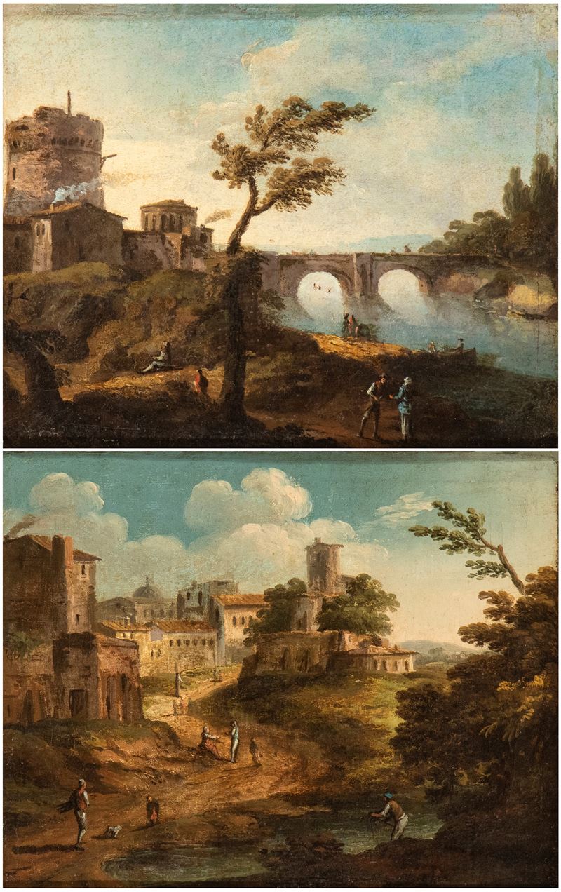 Paolo Anesi - Paesaggio fluviale con borgo e ponte e Paesaggio fluviale con figure e borgo, olio ...