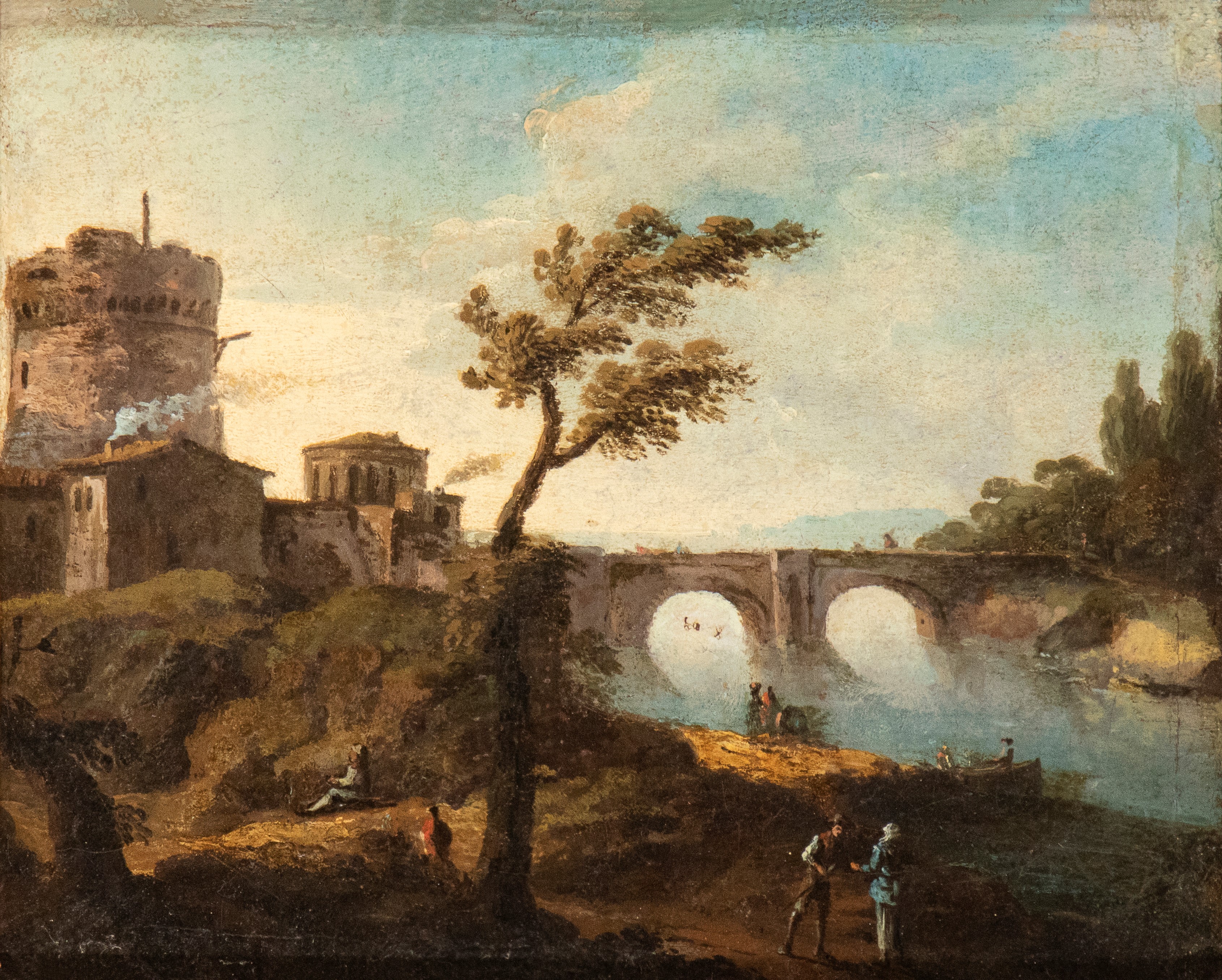 Paolo Anesi - Paesaggio fluviale con borgo e ponte e Paesaggio fluviale con figure e borgo, olio ...