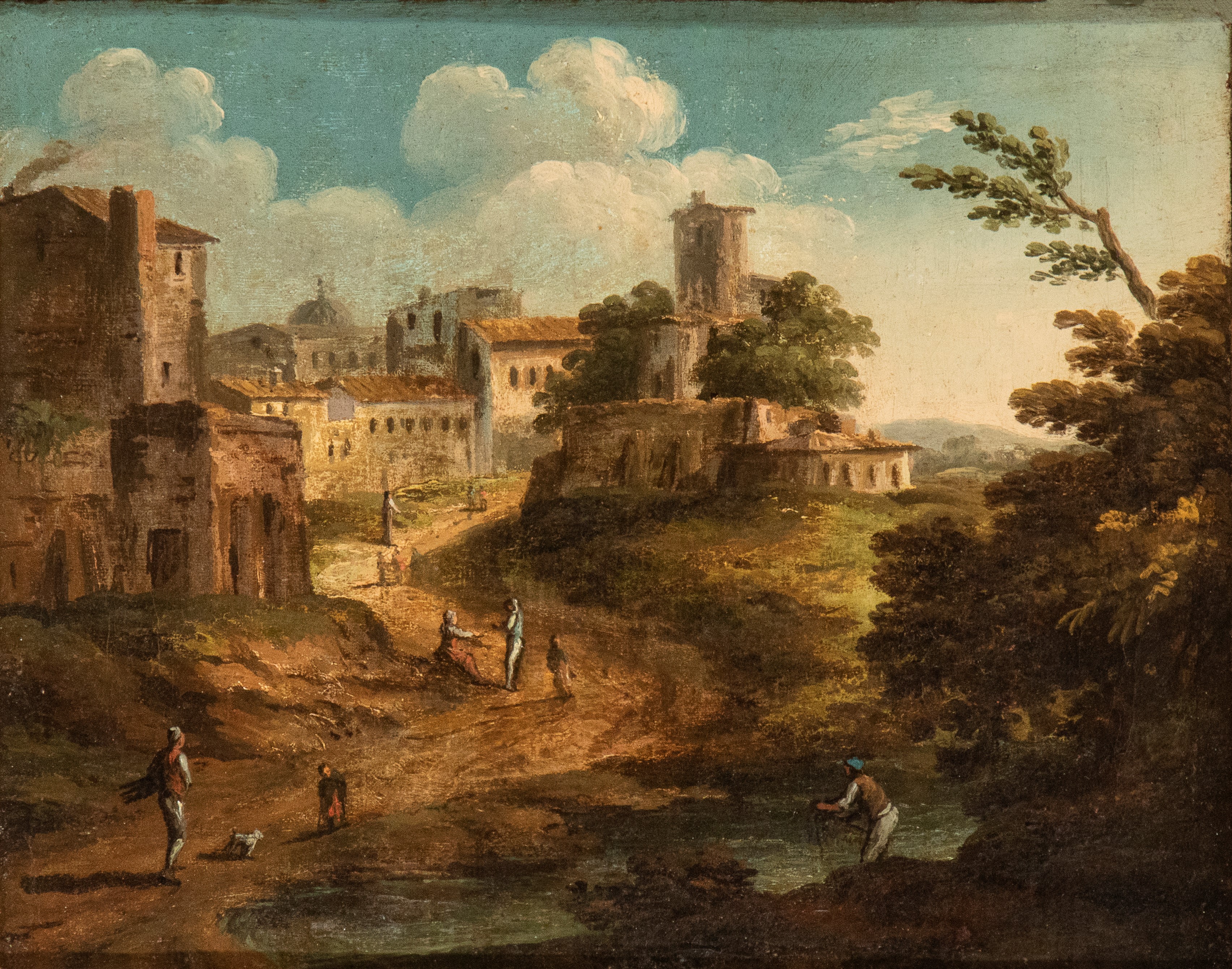 Paolo Anesi - Paesaggio fluviale con borgo e ponte e Paesaggio fluviale con figure e borgo, olio ...