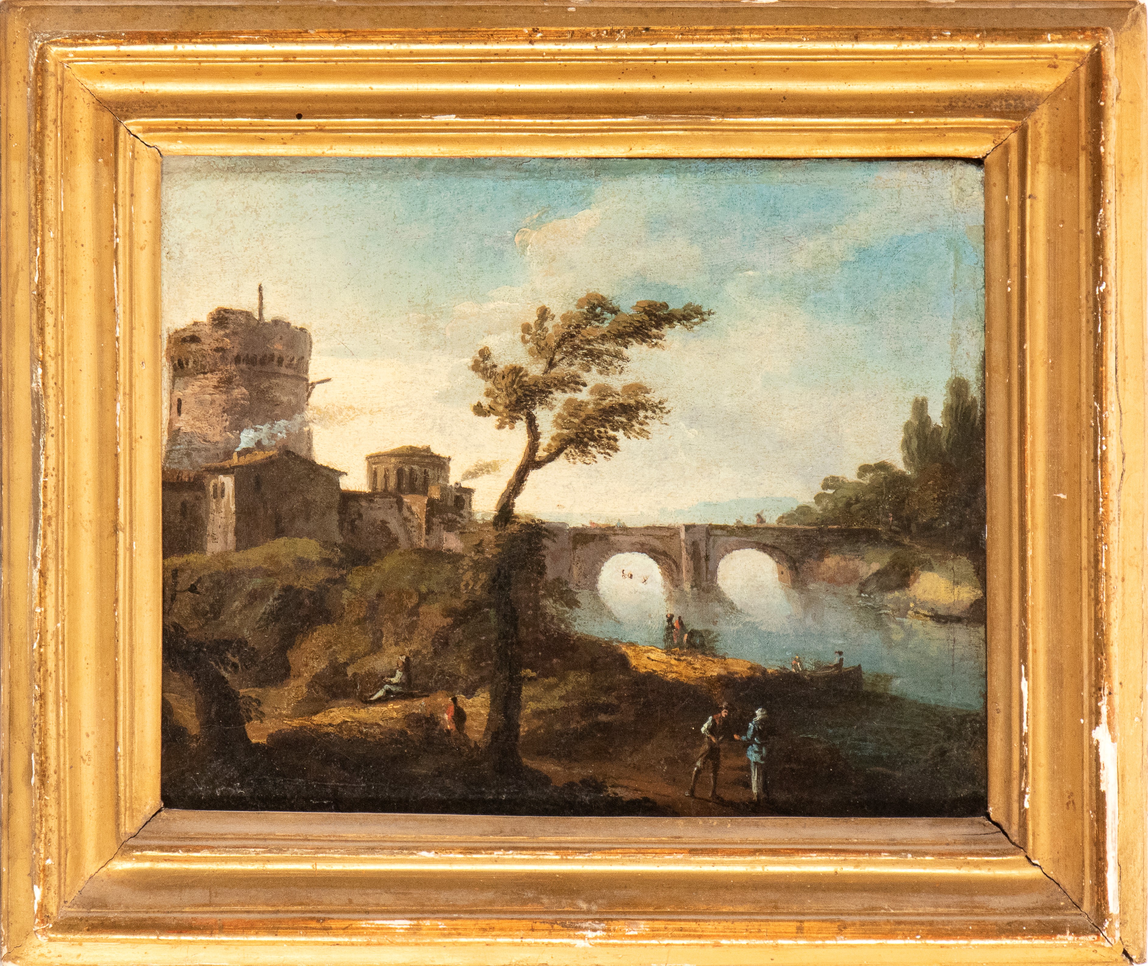 Paolo Anesi - Paesaggio fluviale con borgo e ponte e Paesaggio fluviale con figure e borgo, olio ...