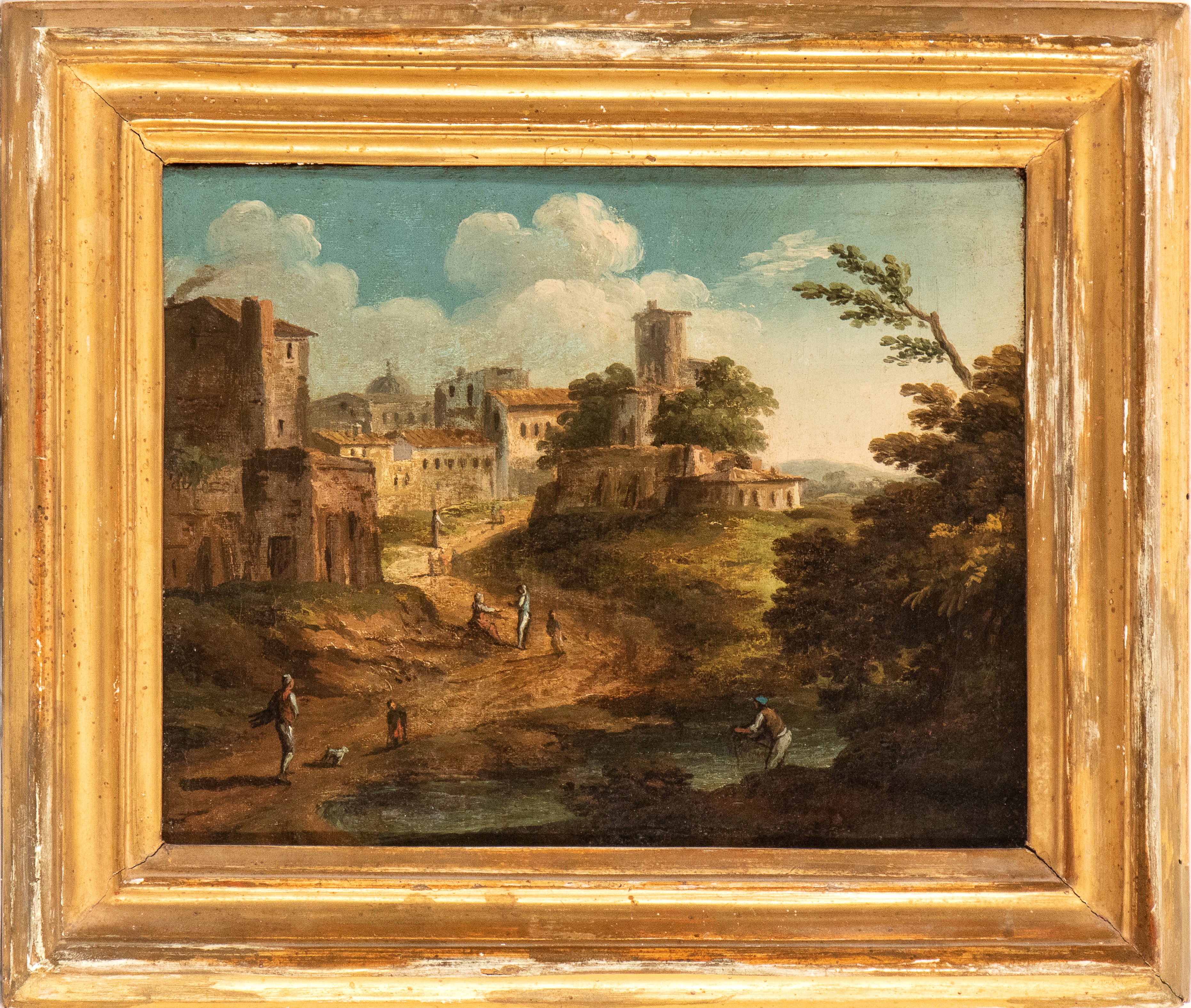 Paolo Anesi - Paesaggio fluviale con borgo e ponte e Paesaggio fluviale con figure e borgo, olio ...