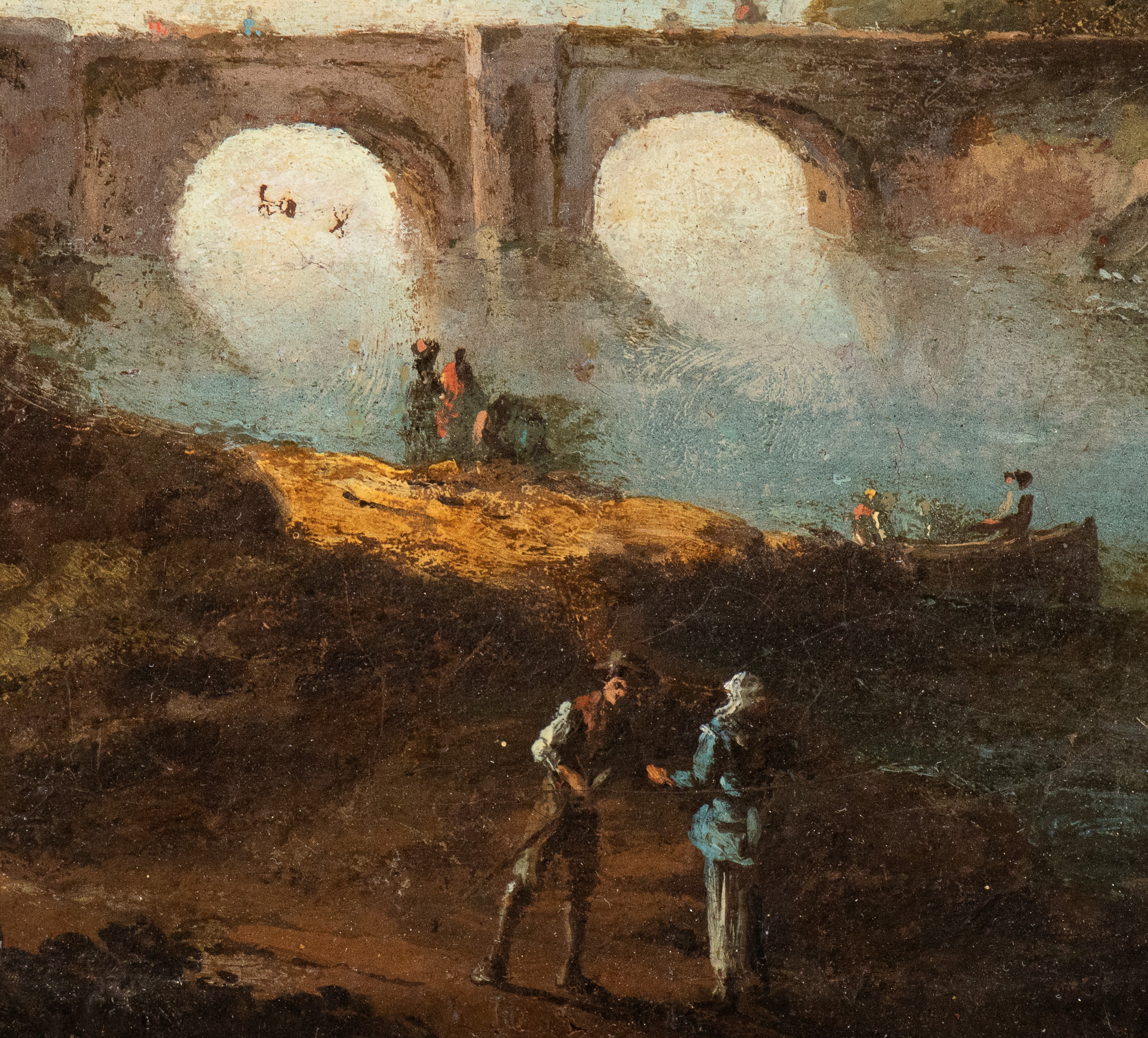 Paolo Anesi - Paesaggio fluviale con borgo e ponte e Paesaggio fluviale con figure e borgo, olio ...