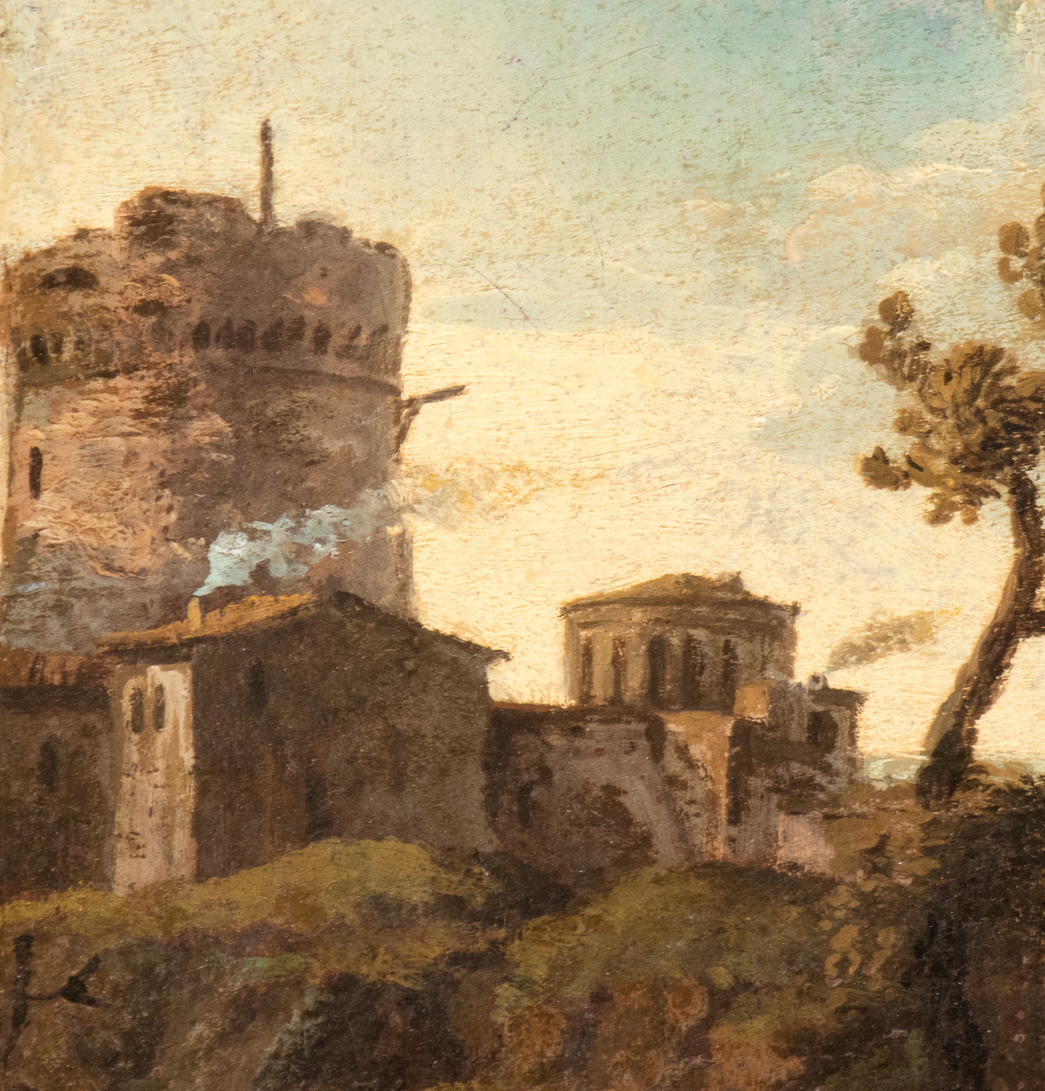 Paolo Anesi - Paesaggio fluviale con borgo e ponte e Paesaggio fluviale con figure e borgo, olio ...