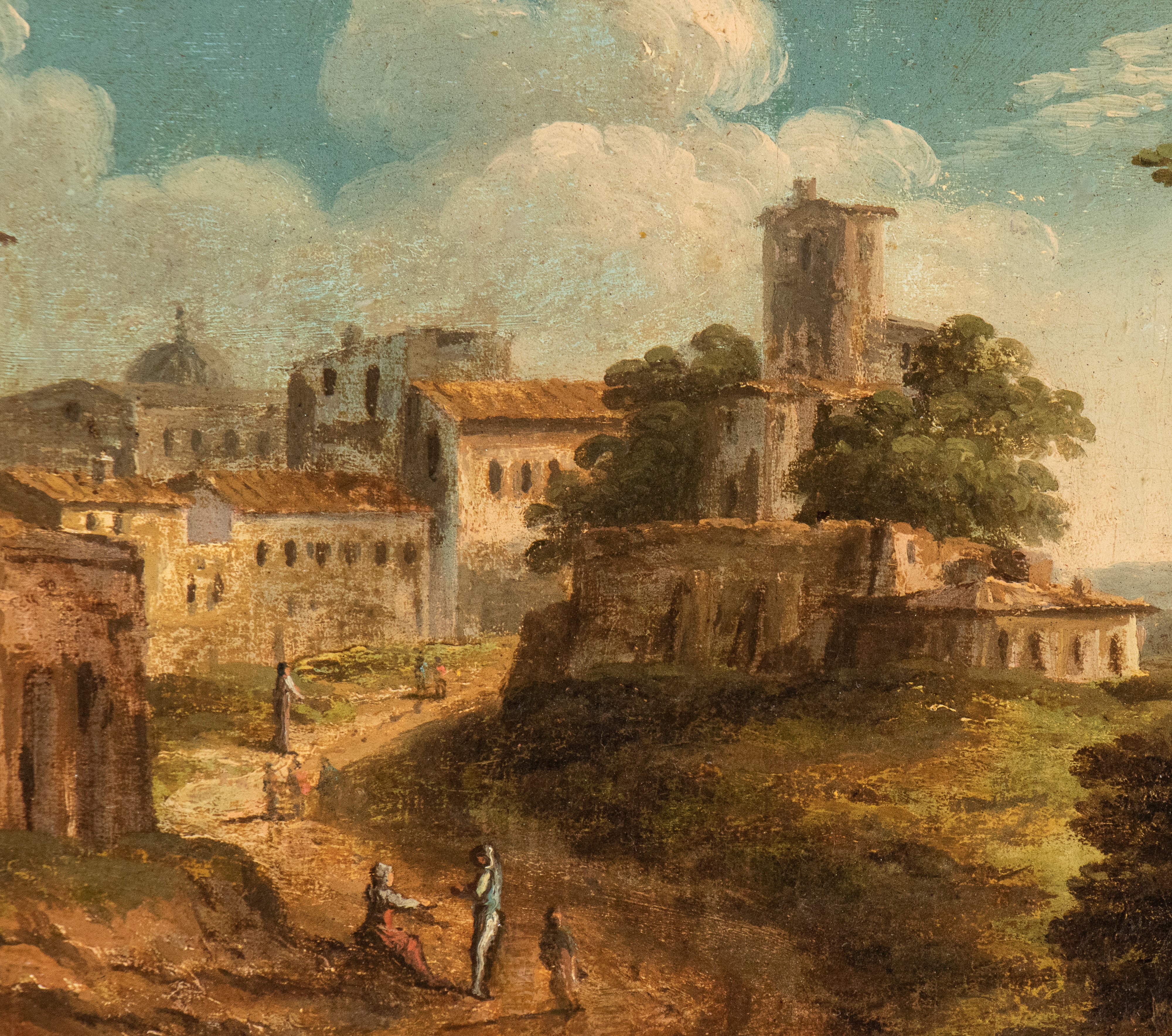 Paolo Anesi - Paesaggio fluviale con borgo e ponte e Paesaggio fluviale con figure e borgo, olio ...