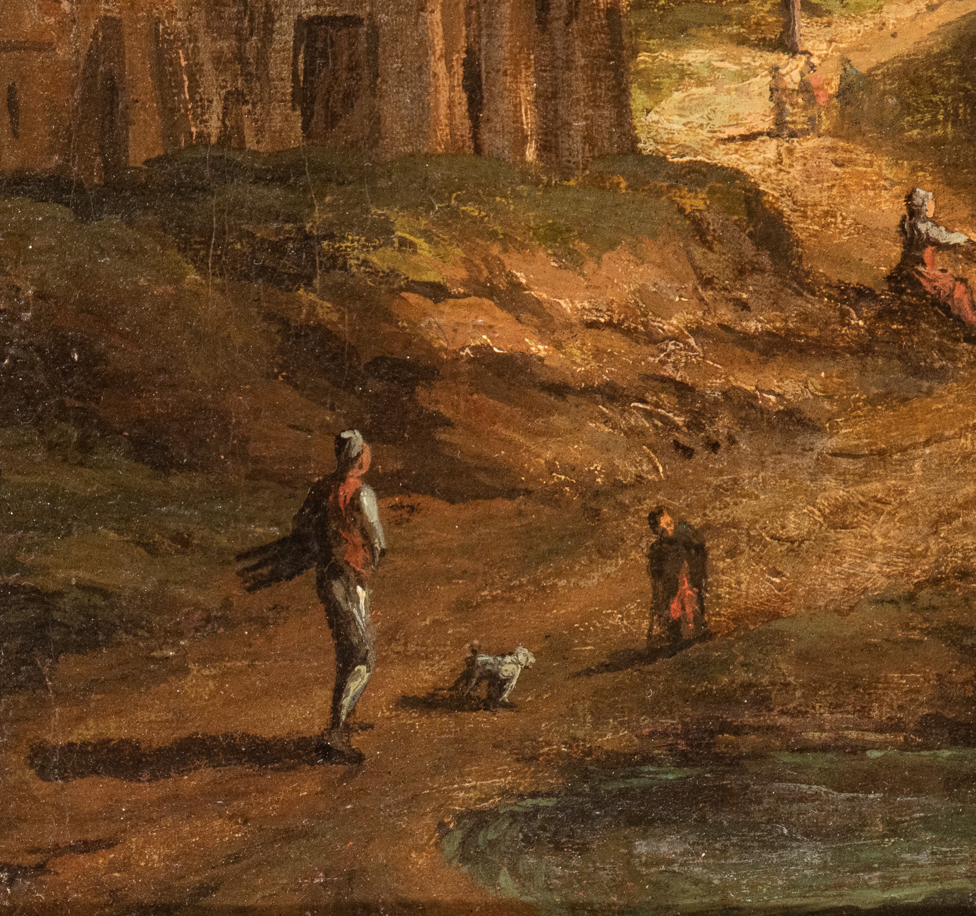 Paolo Anesi - Paesaggio fluviale con borgo e ponte e Paesaggio fluviale con figure e borgo, olio ...