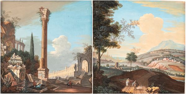 Artista attivo a Roma, fine XVIII - inizio XIX secolo - a) Countryside landscape with travellers; b) Architectural capriccio with ruins and figures. Pair of paintings