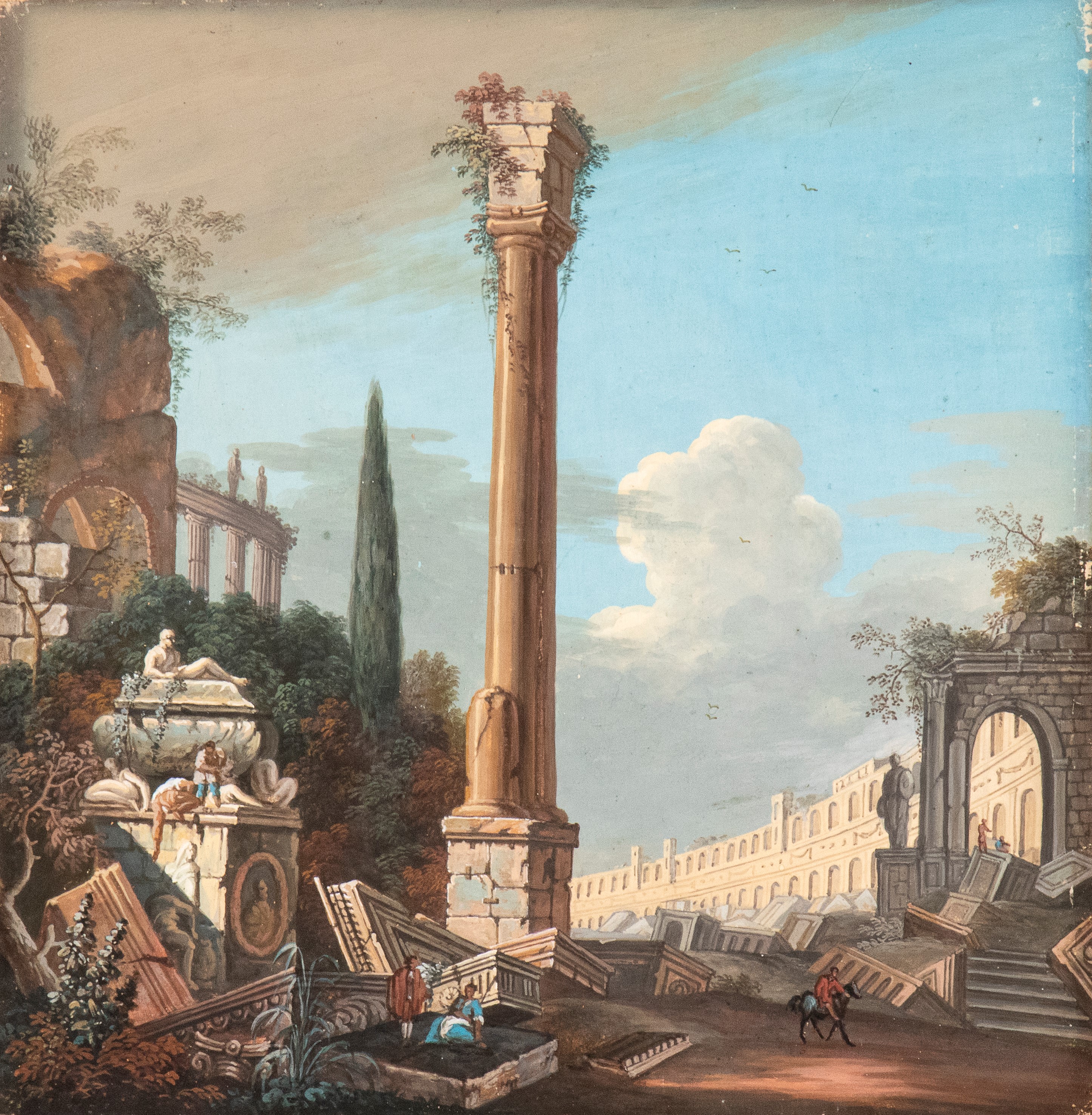 a) Paesaggio di campagna con viandanti; b) Capriccio architettonico con rovine e figure. Coppia d...