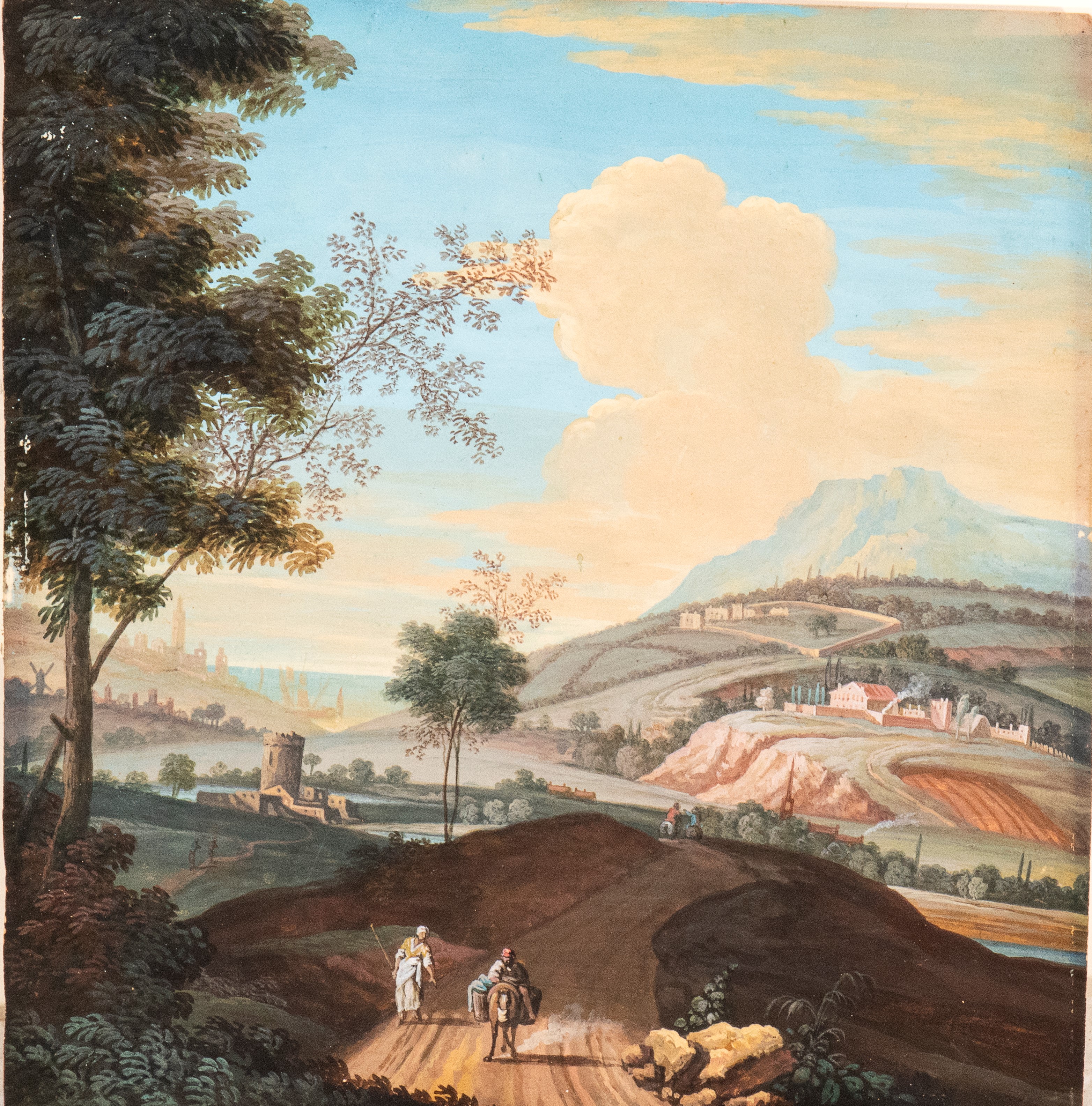 a) Paesaggio di campagna con viandanti; b) Capriccio architettonico con rovine e figure. Coppia d...