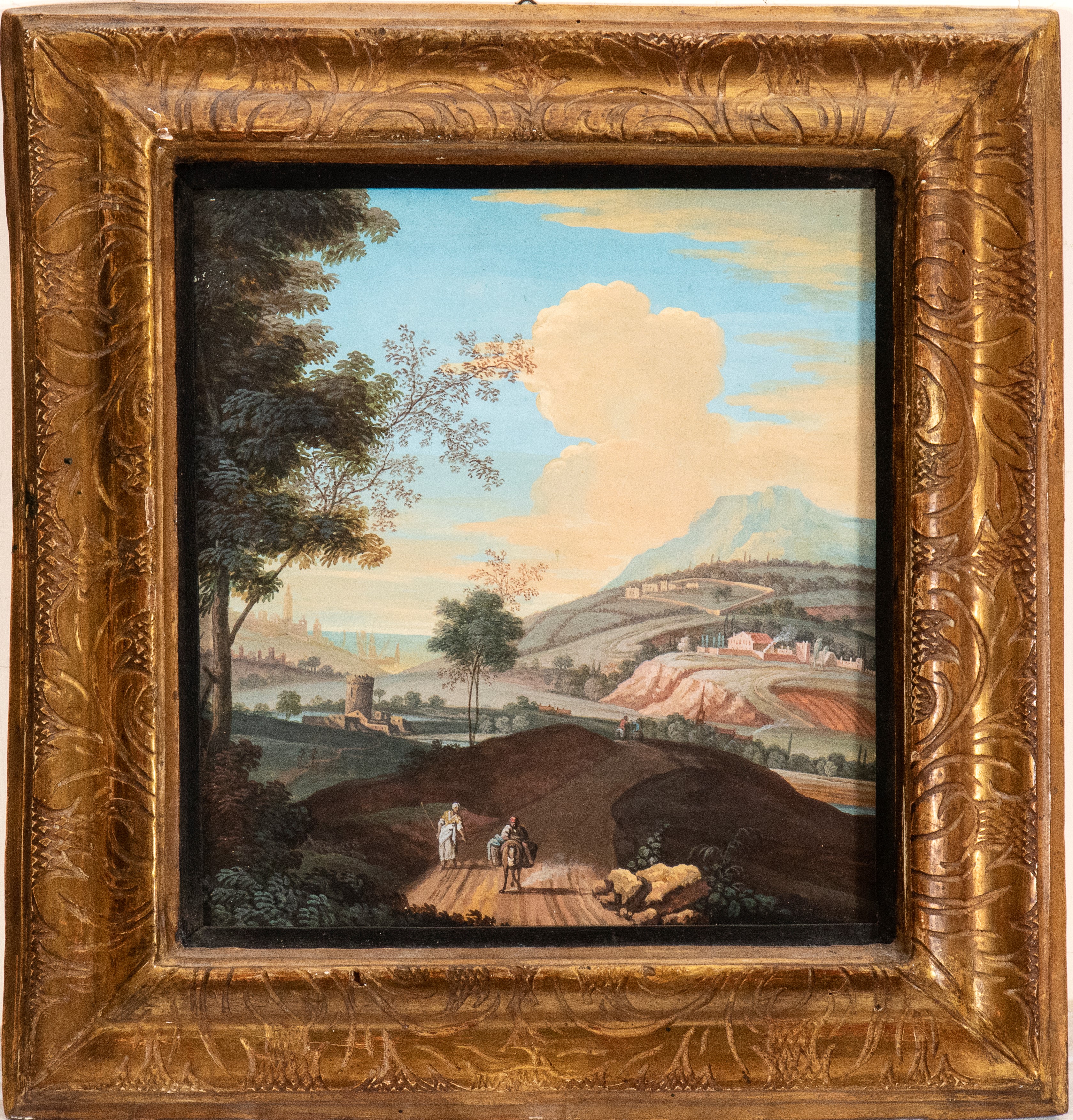 a) Paesaggio di campagna con viandanti; b) Capriccio architettonico con rovine e figure. Coppia d...