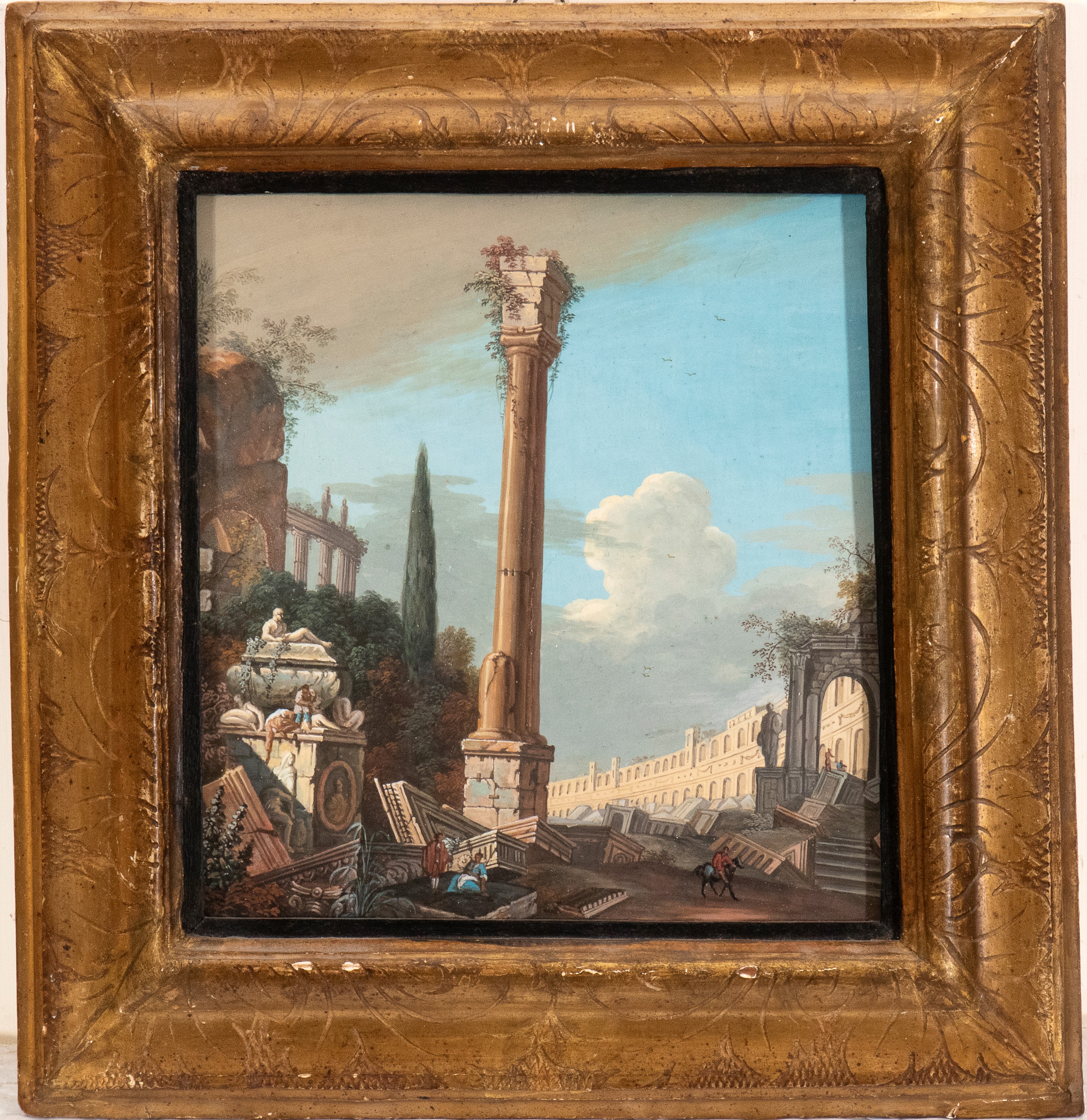 a) Paesaggio di campagna con viandanti; b) Capriccio architettonico con rovine e figure. Coppia d...