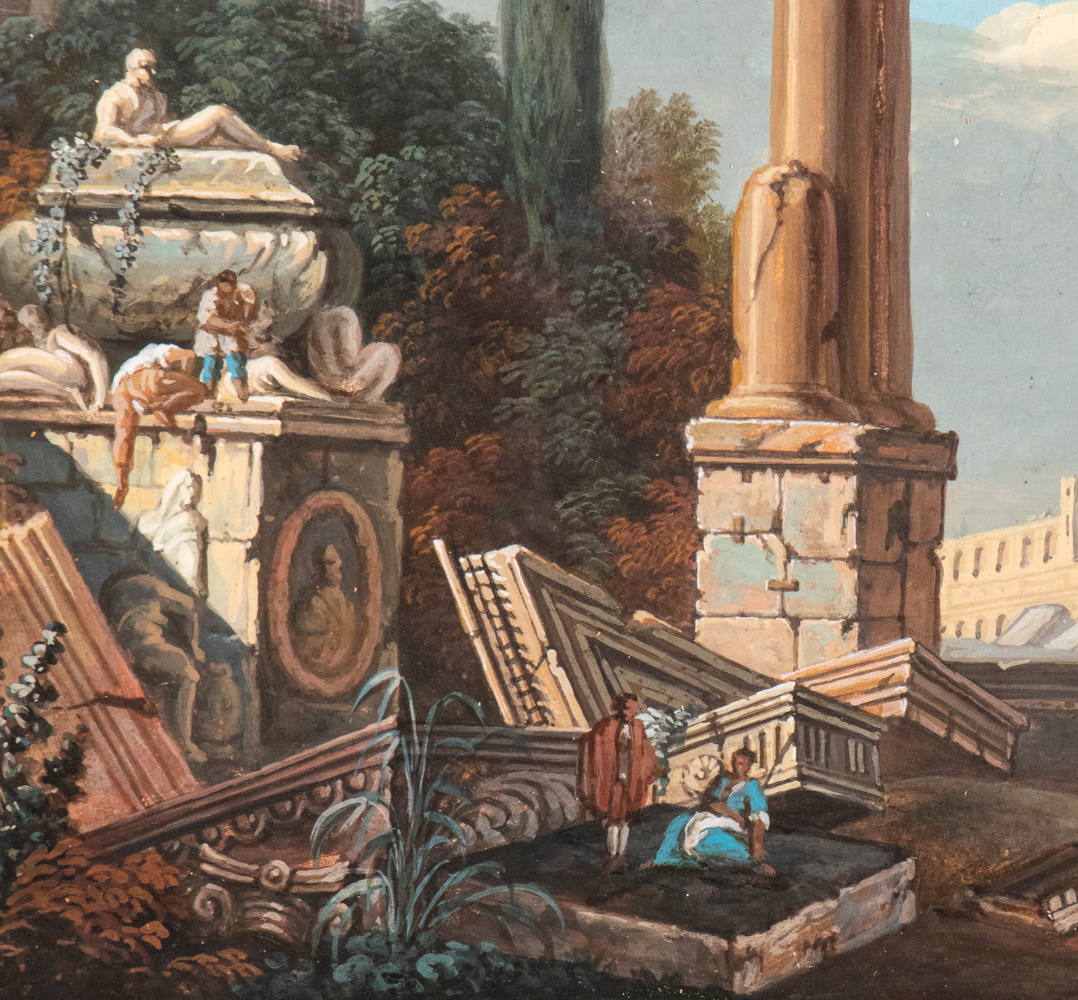 a) Paesaggio di campagna con viandanti; b) Capriccio architettonico con rovine e figure. Coppia d...