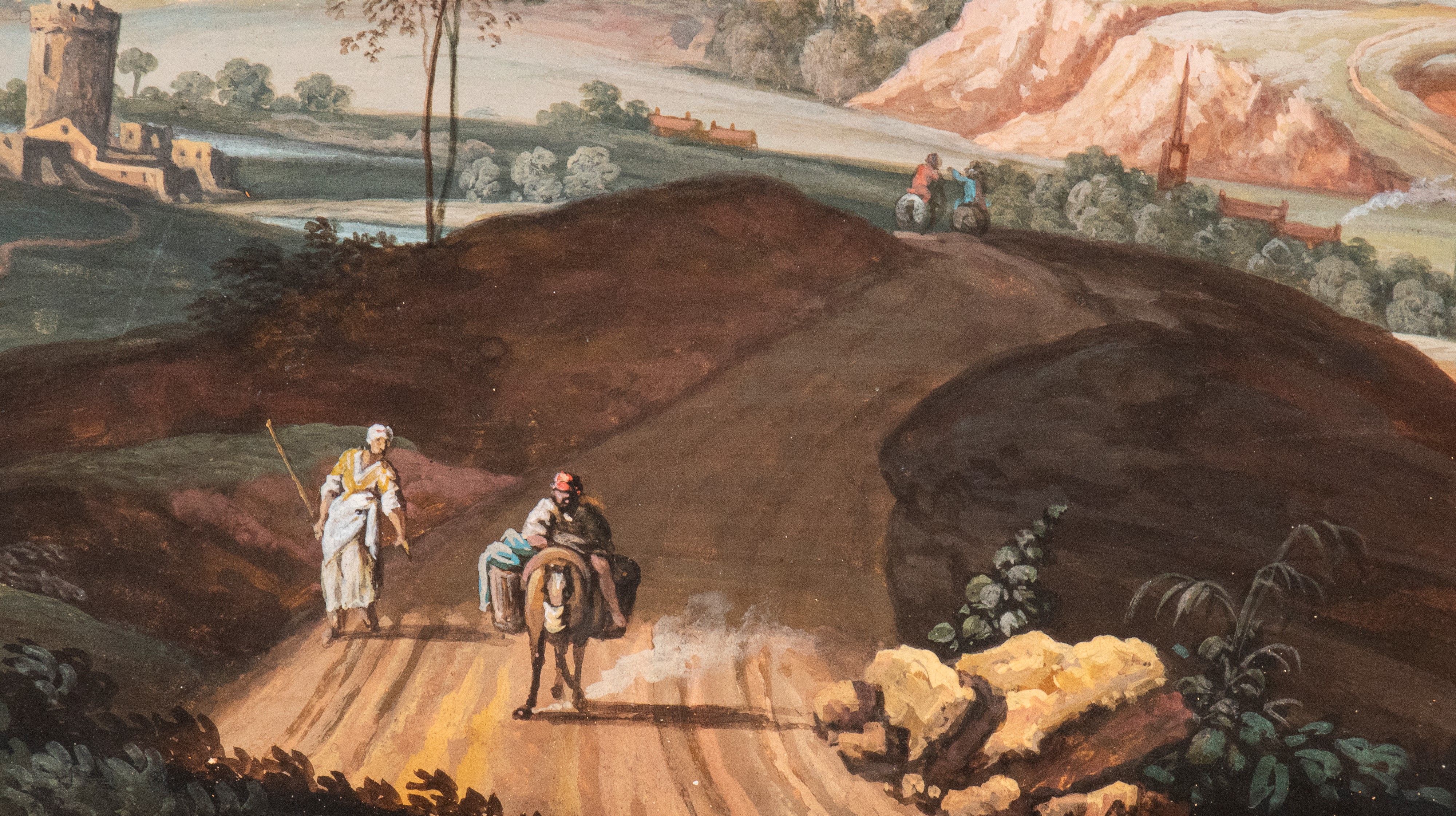 a) Paesaggio di campagna con viandanti; b) Capriccio architettonico con rovine e figure. Coppia d...