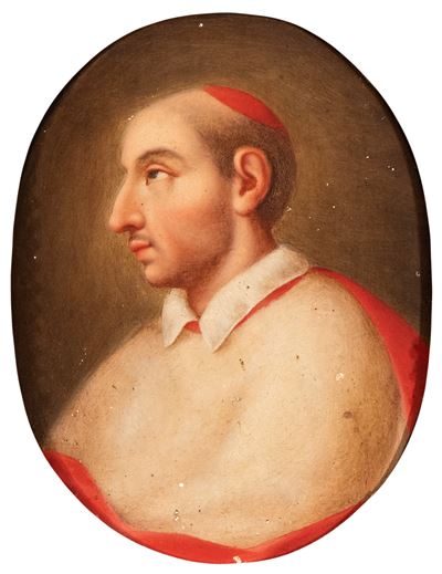 Attribuito a Unknown, Profilo di San Carlo Borromeo, olio su tavola