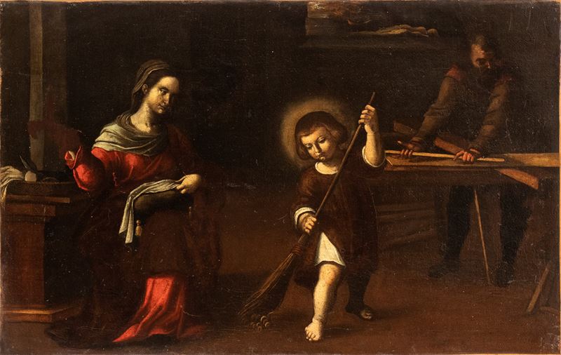 Artista Centro-italiano, XVII Secolo - Autore sconosciuto, Sacra famiglia nella bottega di San Gi...