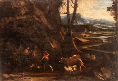 Artista attivo in Veneto, Paesaggio con pastori e armenti, olio su tela