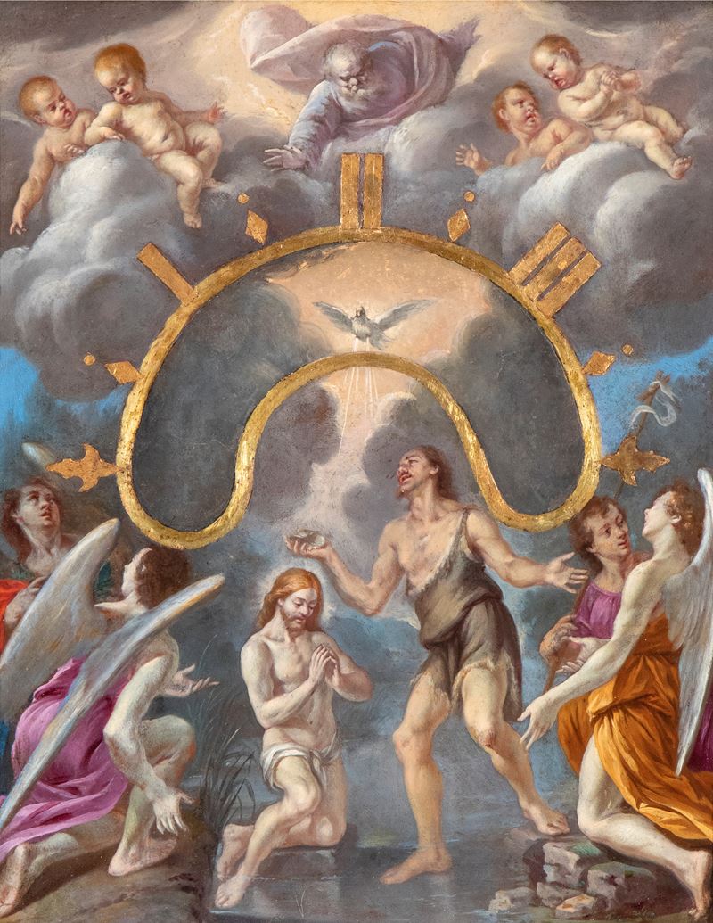 Artista Attivo a Roma, XVII Secolo - Quadrante di orologio notturno, olio su rame, raffigurante B...