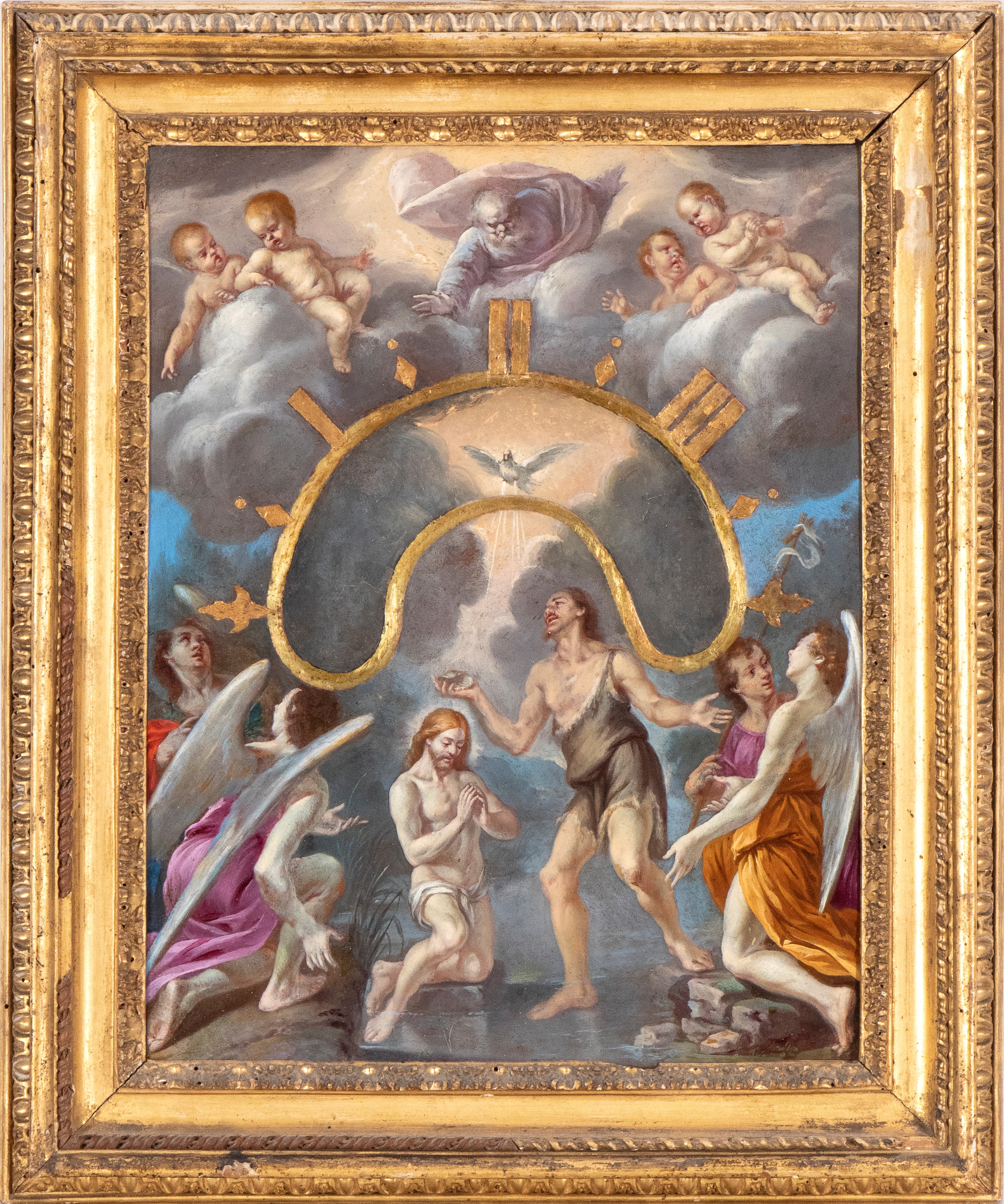 Artista Attivo a Roma, XVII Secolo - Quadrante di orologio notturno, olio su rame, raffigurante B...