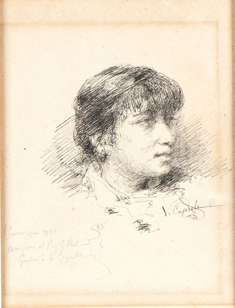 Vincenzo Caprile - Ritratto di giovane donna, china su cartoncino