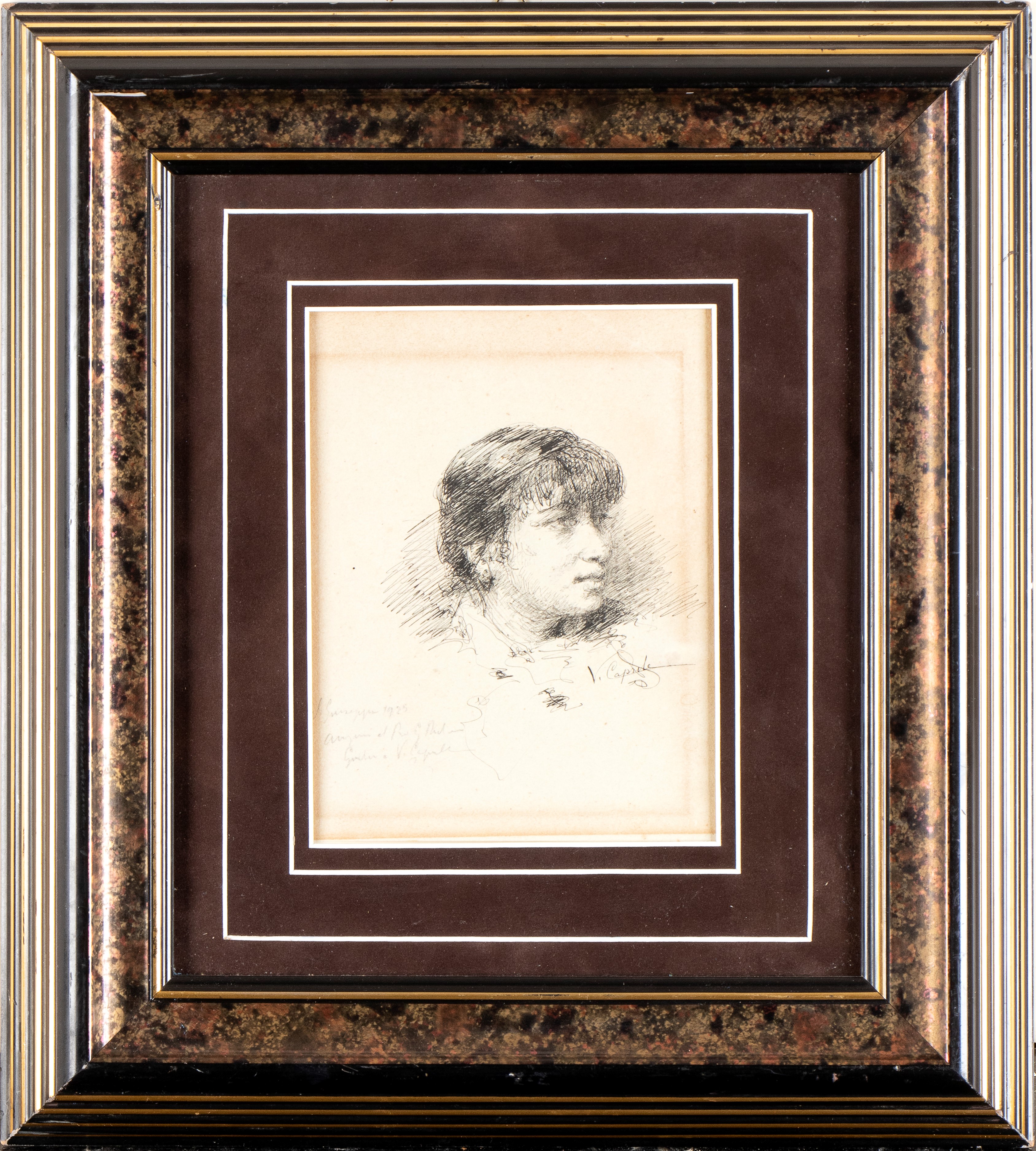 Vincenzo Caprile - Ritratto di giovane donna, china su cartoncino