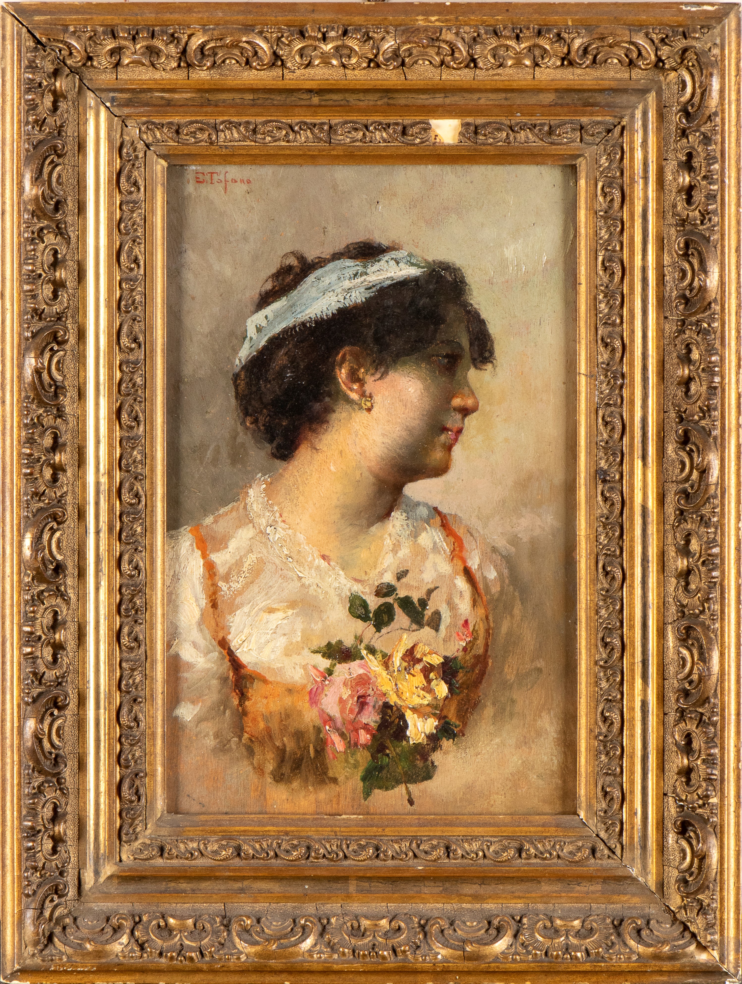 Edoardo Tofano - Profilo di giovane donna, olio su tavola