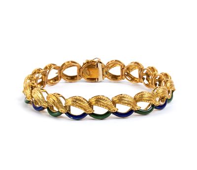 Bracciale in oro giallo 18k e smalti, maglie ad anello con motivo a foglie