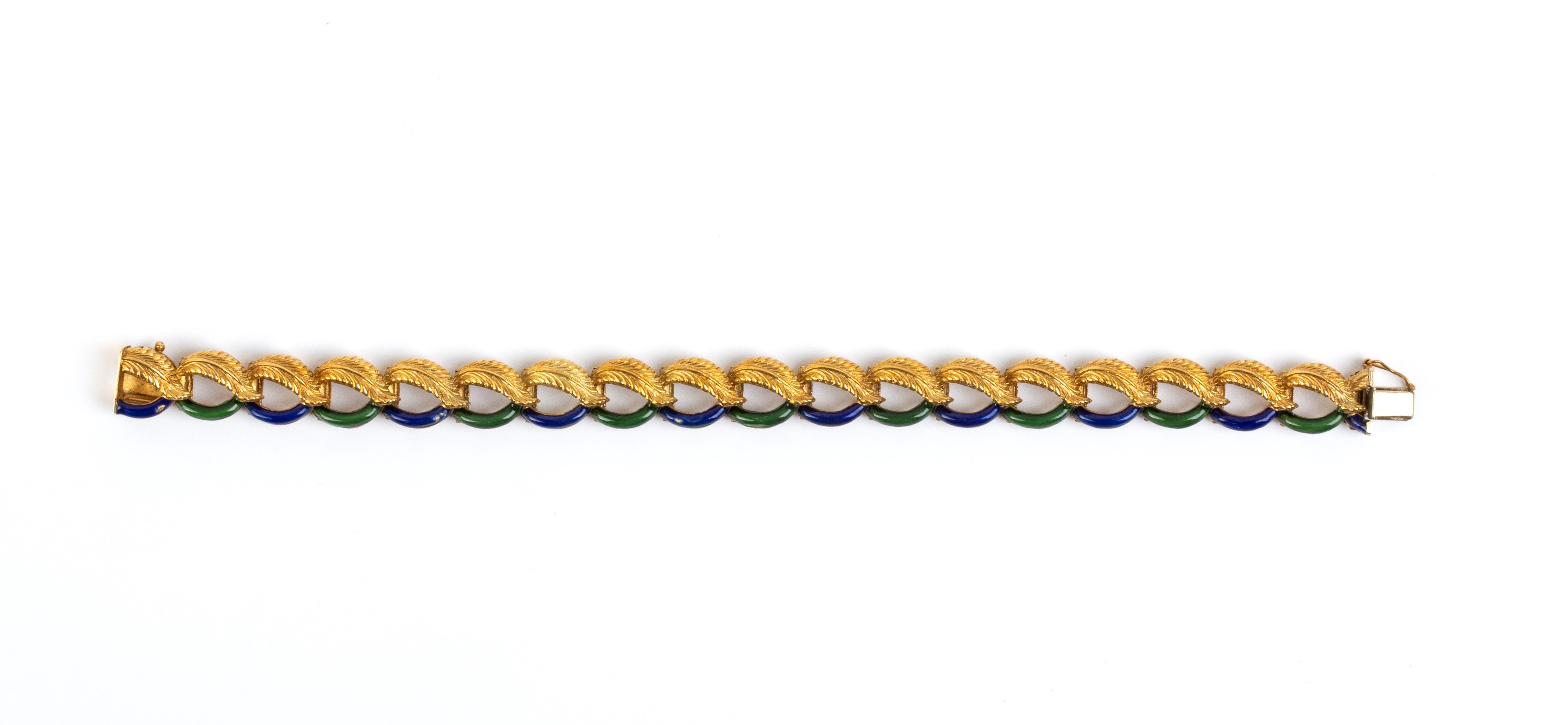 Bracciale in oro giallo 18k e smalti, maglie ad anello con motivo a foglie