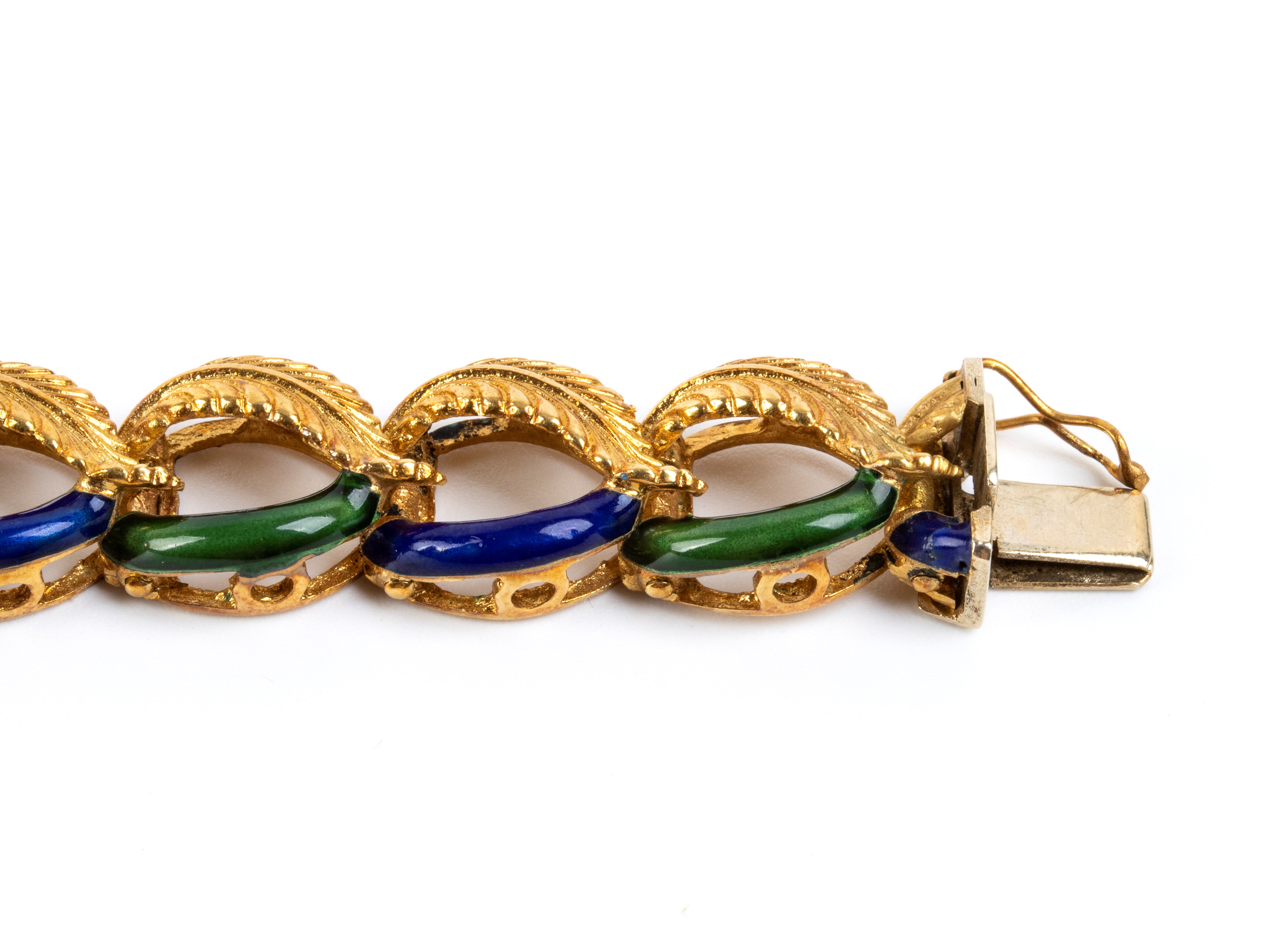 Bracciale in oro giallo 18k e smalti, maglie ad anello con motivo a foglie