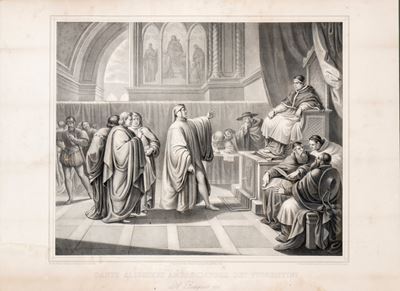 Autore anonimo, Stampa raffigurante Dante Alighieri ambasciatore dei fiorentini