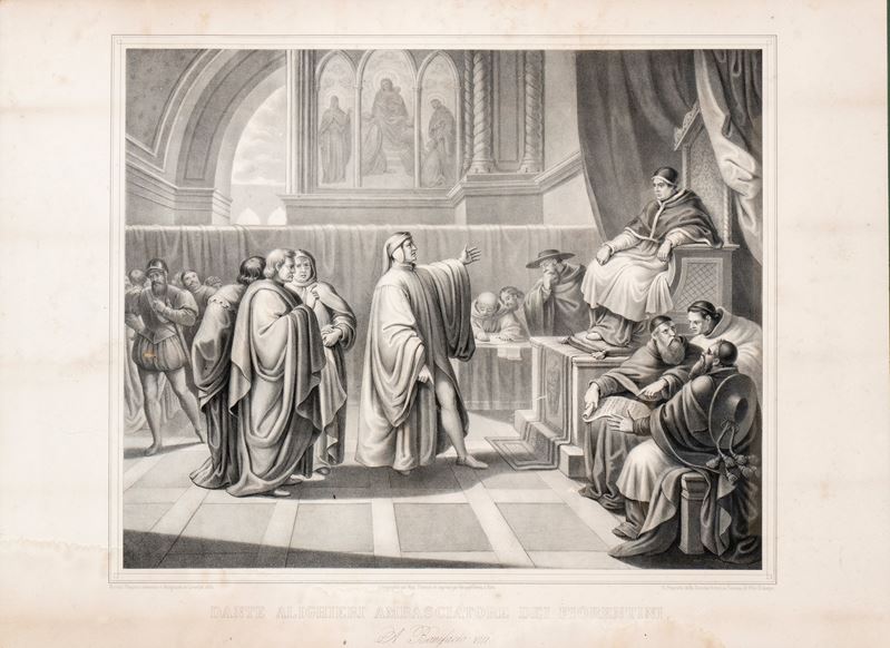 Autore anonimo, Stampa raffigurante Dante Alighieri ambasciatore dei fiorentini