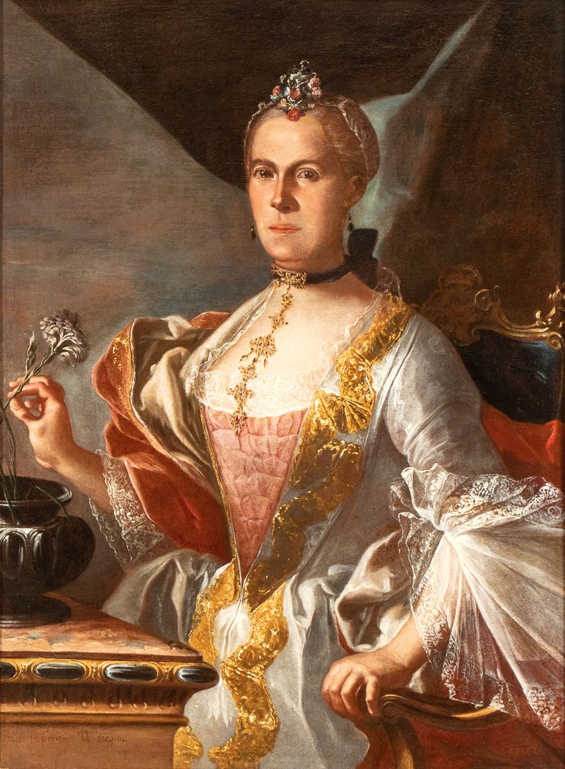 Ritratto di gentildonna con garofano in mano e collana di rubini