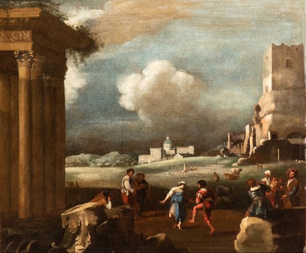 Filippo Teodoro Di Liagno Filippo Napoletano - A Landscape with a Peasant Dance, Roman Ruins, and St. Peter’s Basilica in the Background