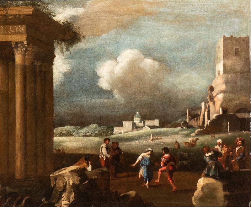 Filippo Teodoro di Liagno Filippo Napoletano - Paesaggio con danza paesana e rovine romane, olio ...