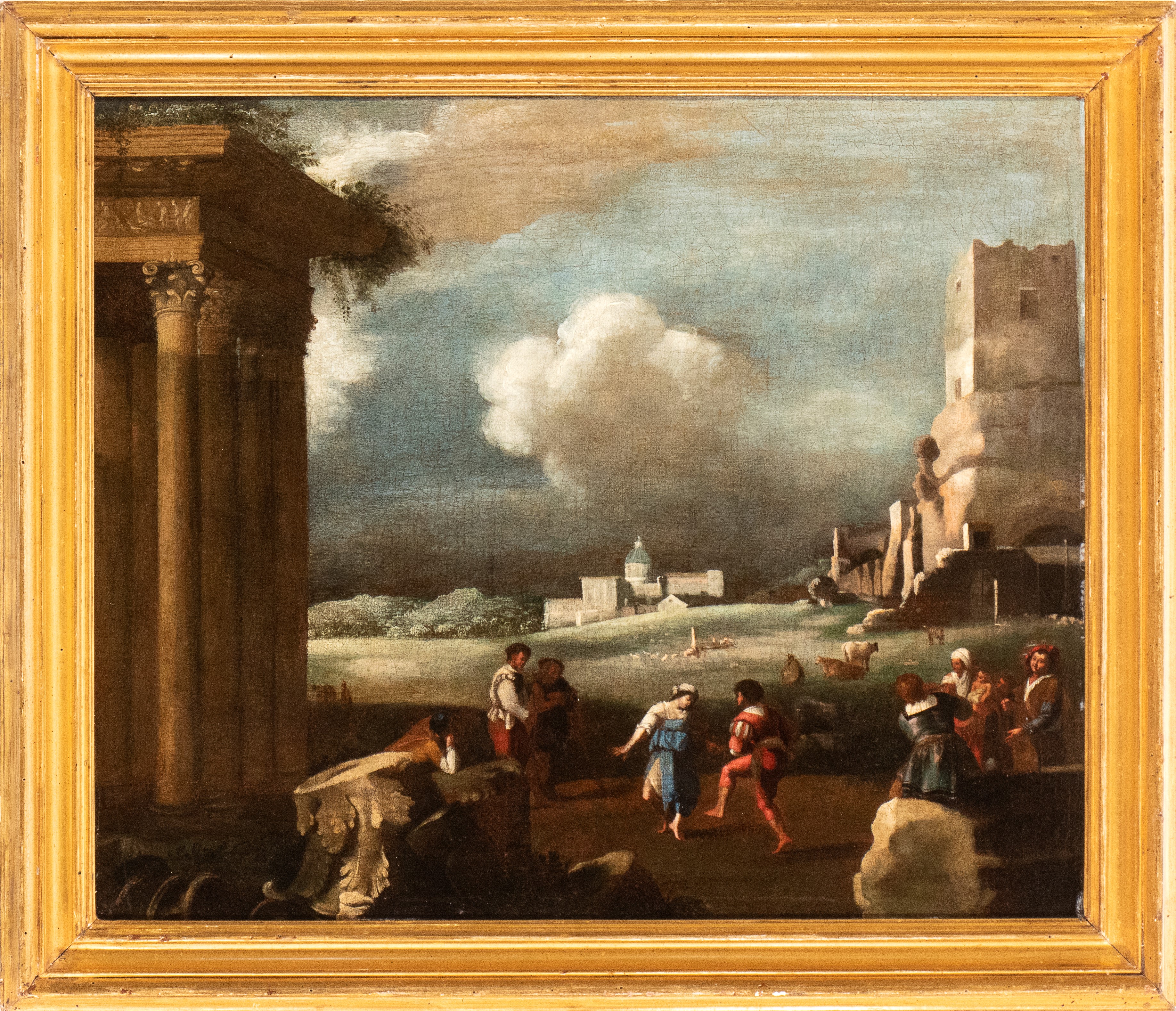 Filippo Teodoro di Liagno Filippo Napoletano - Paesaggio con danza paesana e rovine romane, olio ...