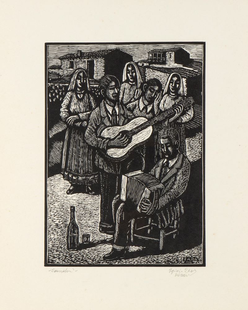 Iginio Zara - Suonatori sardi, xilografia