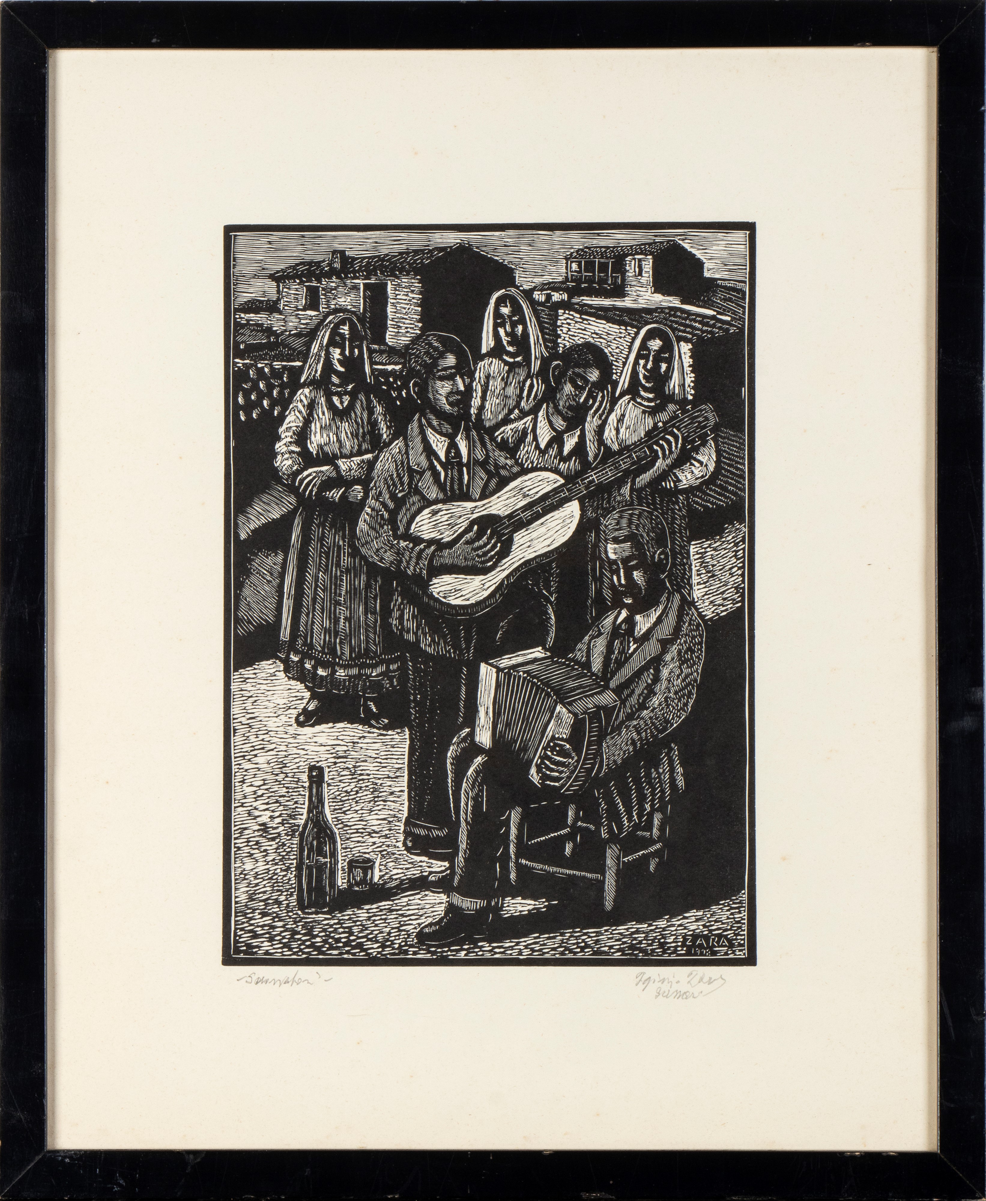 Iginio Zara - Suonatori sardi, xilografia