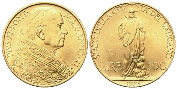 VATICANO. Pio XI (1922-1938). 100 Lire 1932 – Anno XI; Au (8,82 g; 23,5 mm)