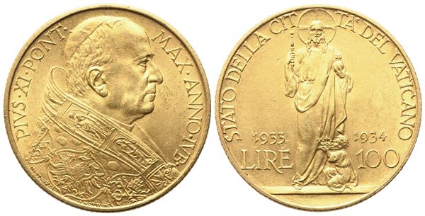 VATICANO. Pio XI (1929-1938). 100 lire 1933-1934 "Giubileo"; Au (8,78 g; 23,4 mm)