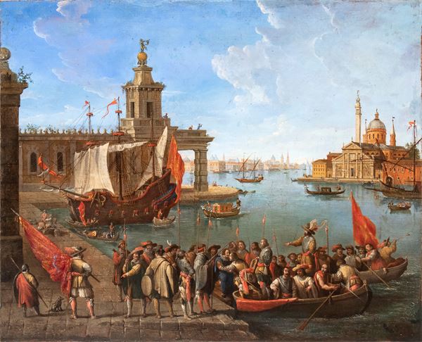 Artista attivo a Venezia, prima met&#224; XIX secolo - View of Punta della Dogana and San Giorgio Maggiore with the arrival of a vessel