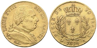 Luigi XVIII di Francia, 20 Franchi 1814 (Parigi), moneta in oro