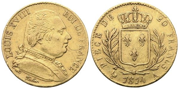 FRANCIA. Luigi XVIII (1814-1824). 20 Franchi 1814, Parigi; Au (6,40 g; 20,5 mm)