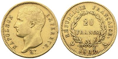 Napoleone I Imperatore (1804-1815), 20 Franchi 1807, Parigi, moneta francese in oro